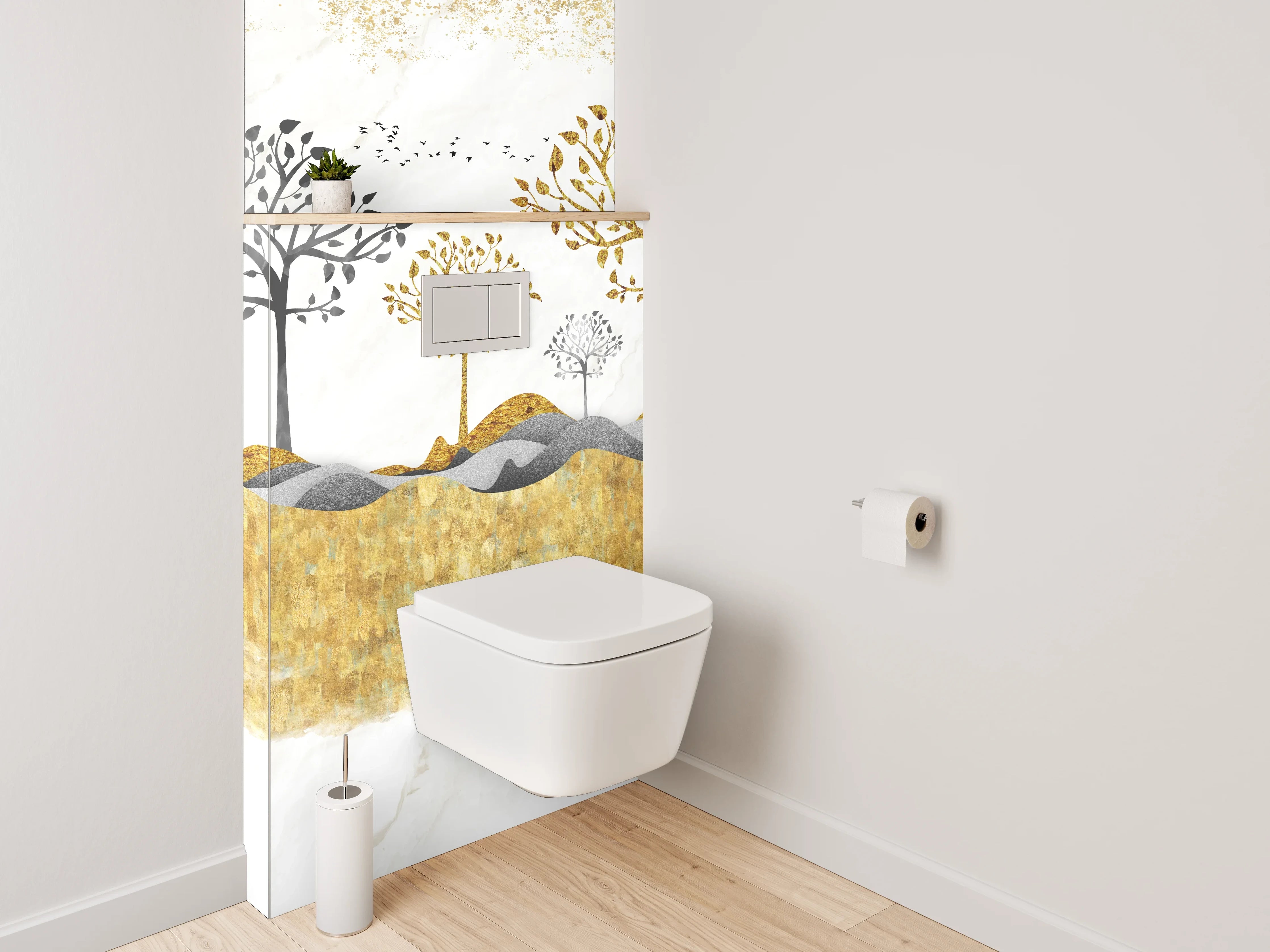WC-Rückwand - Goldene Bäume auf Marmorhintergrund