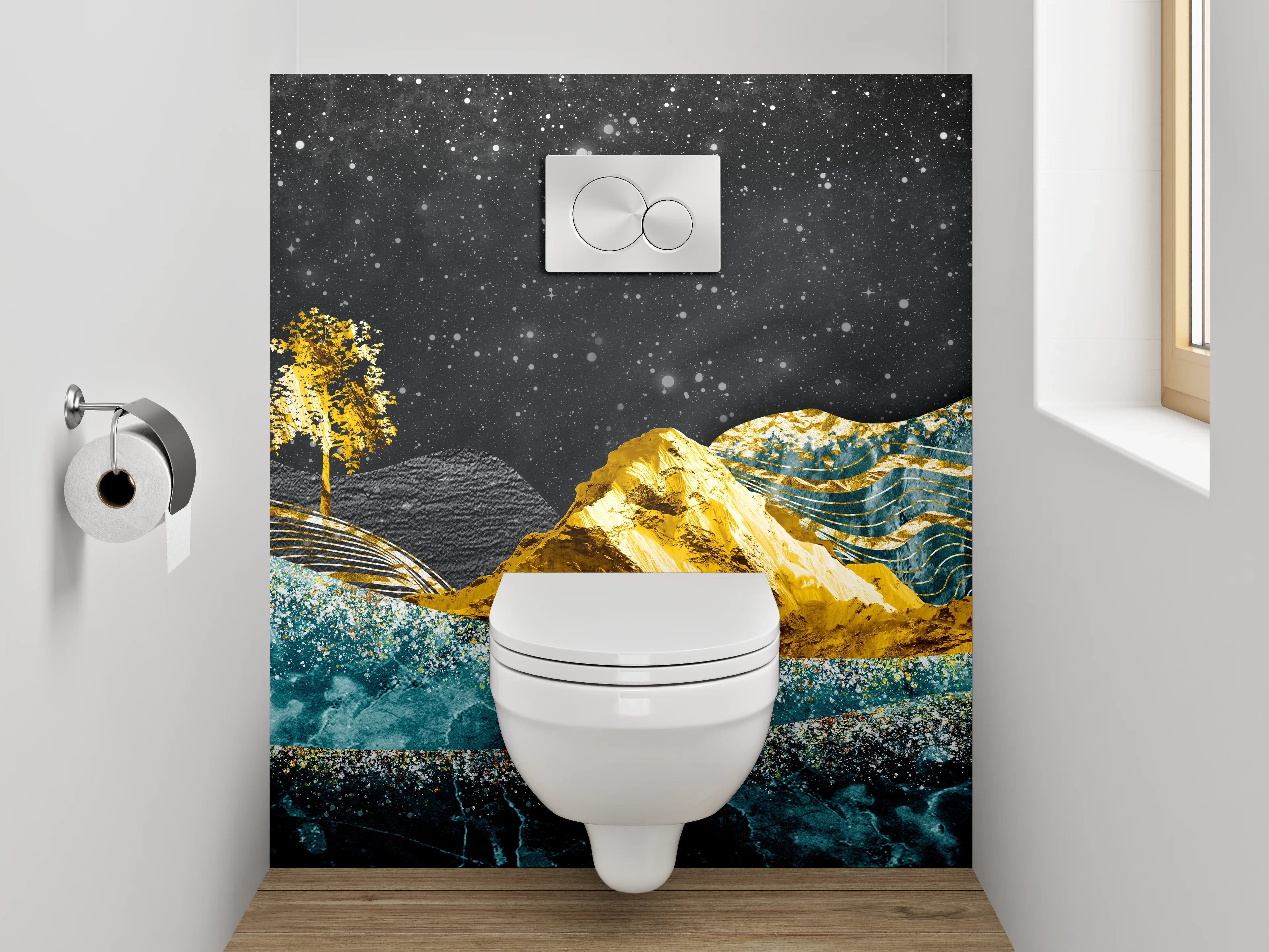 WC-Rückwand - Goldene Berge und blaue Wellen