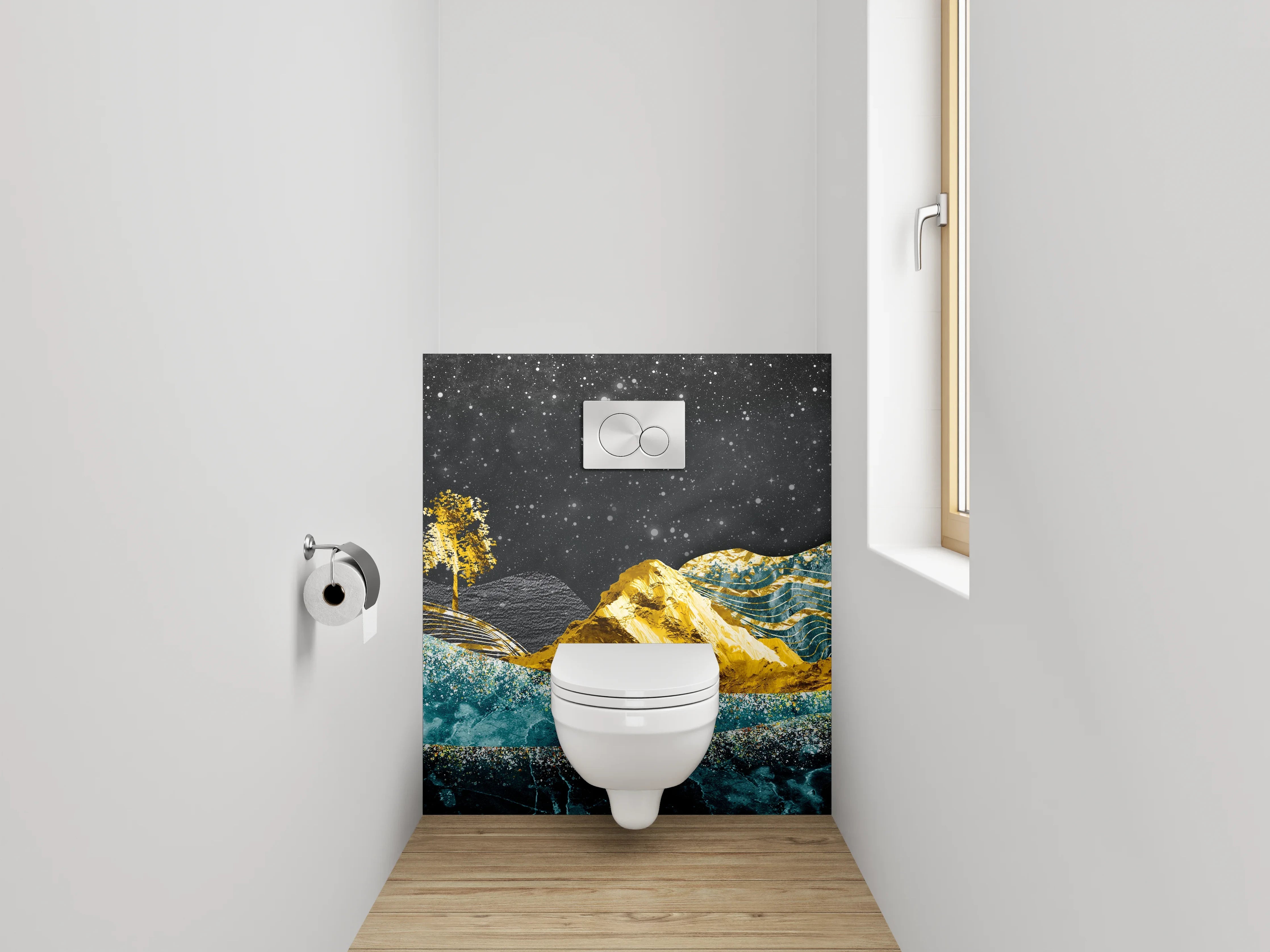 WC-Rückwand - Goldene Berge und blaue Wellen