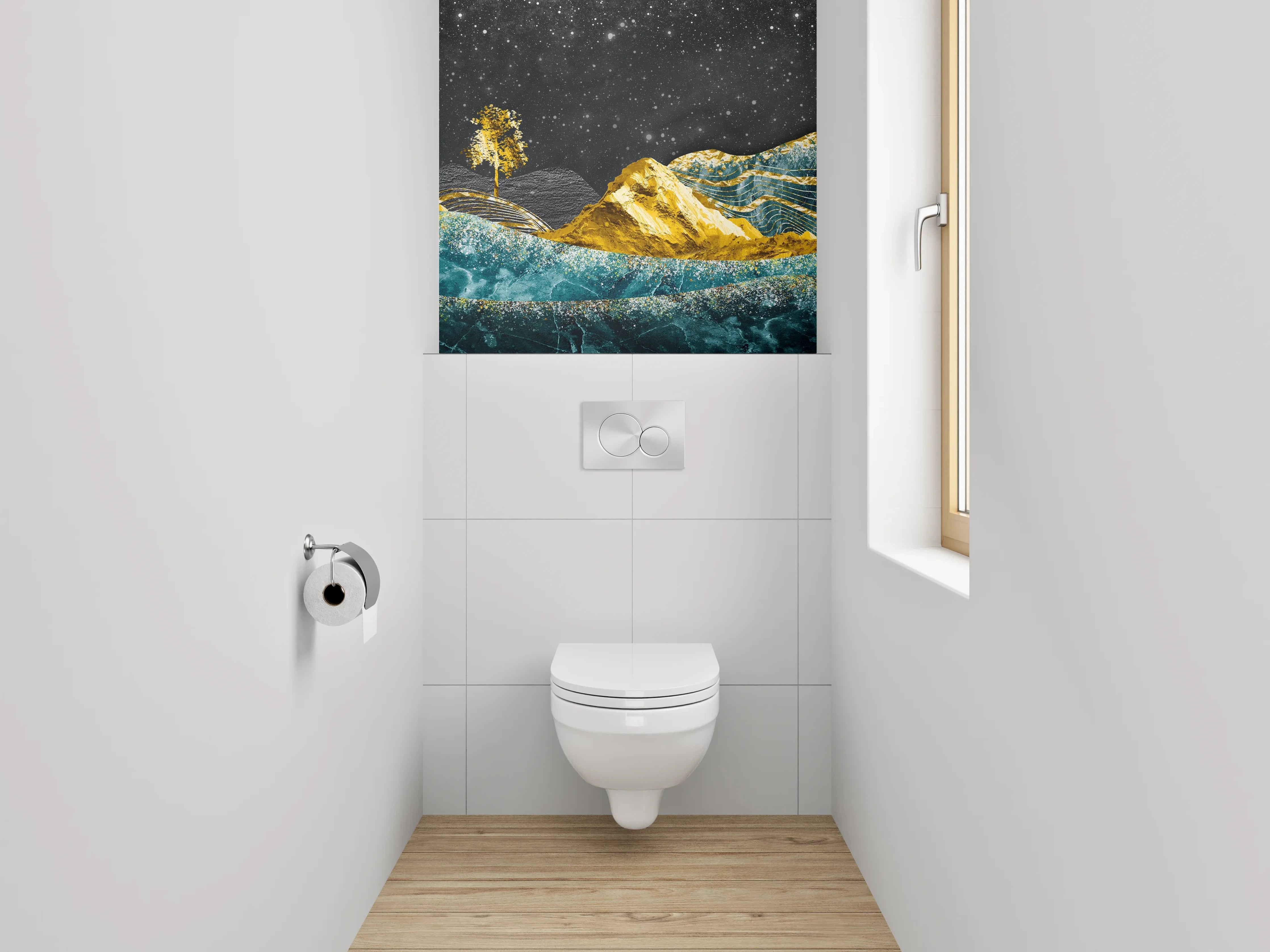 WC-Rückwand - Goldene Berge und blaue Wellen