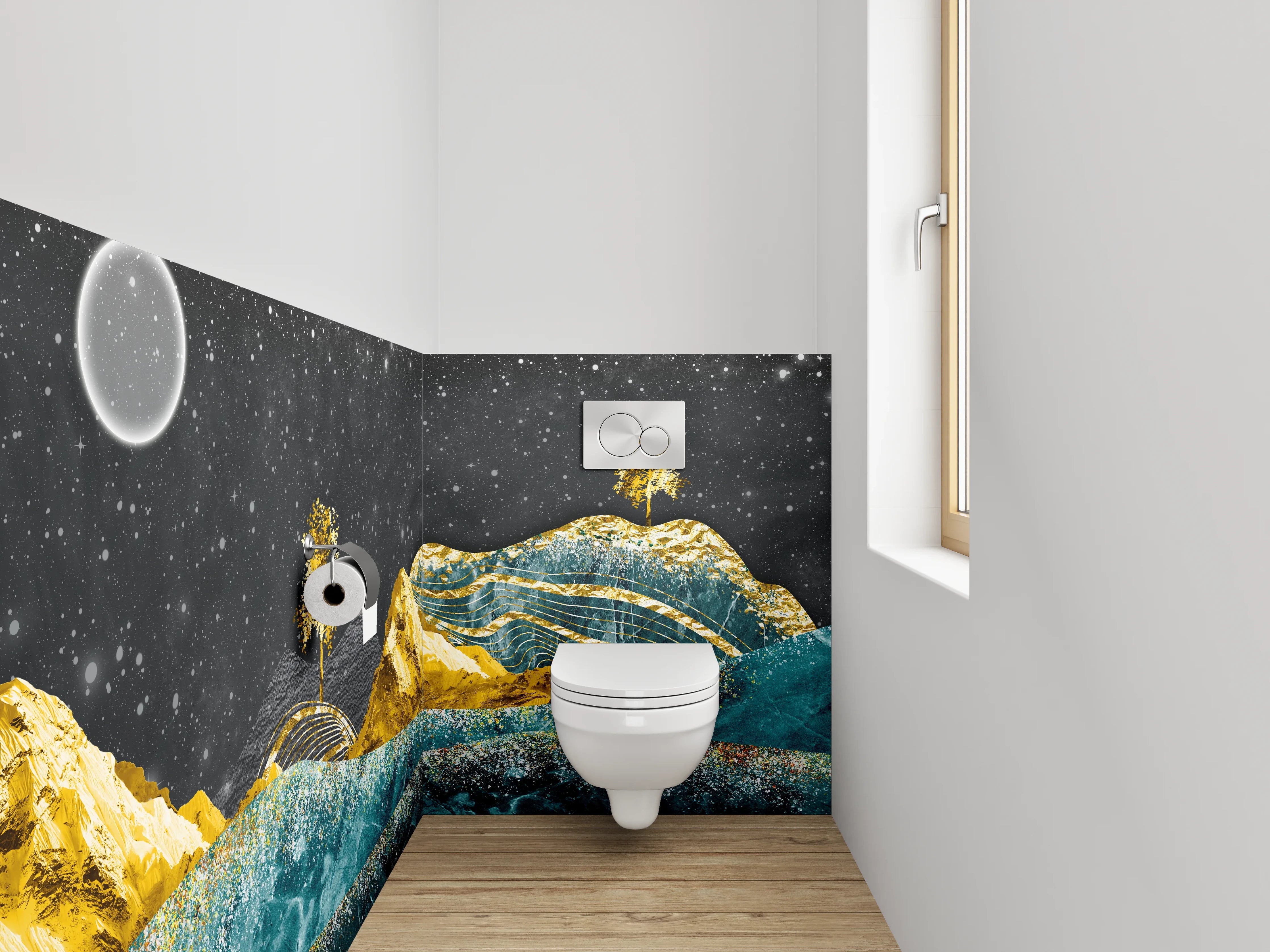 WC-Rückwand - Goldene Berge und blaue Wellen