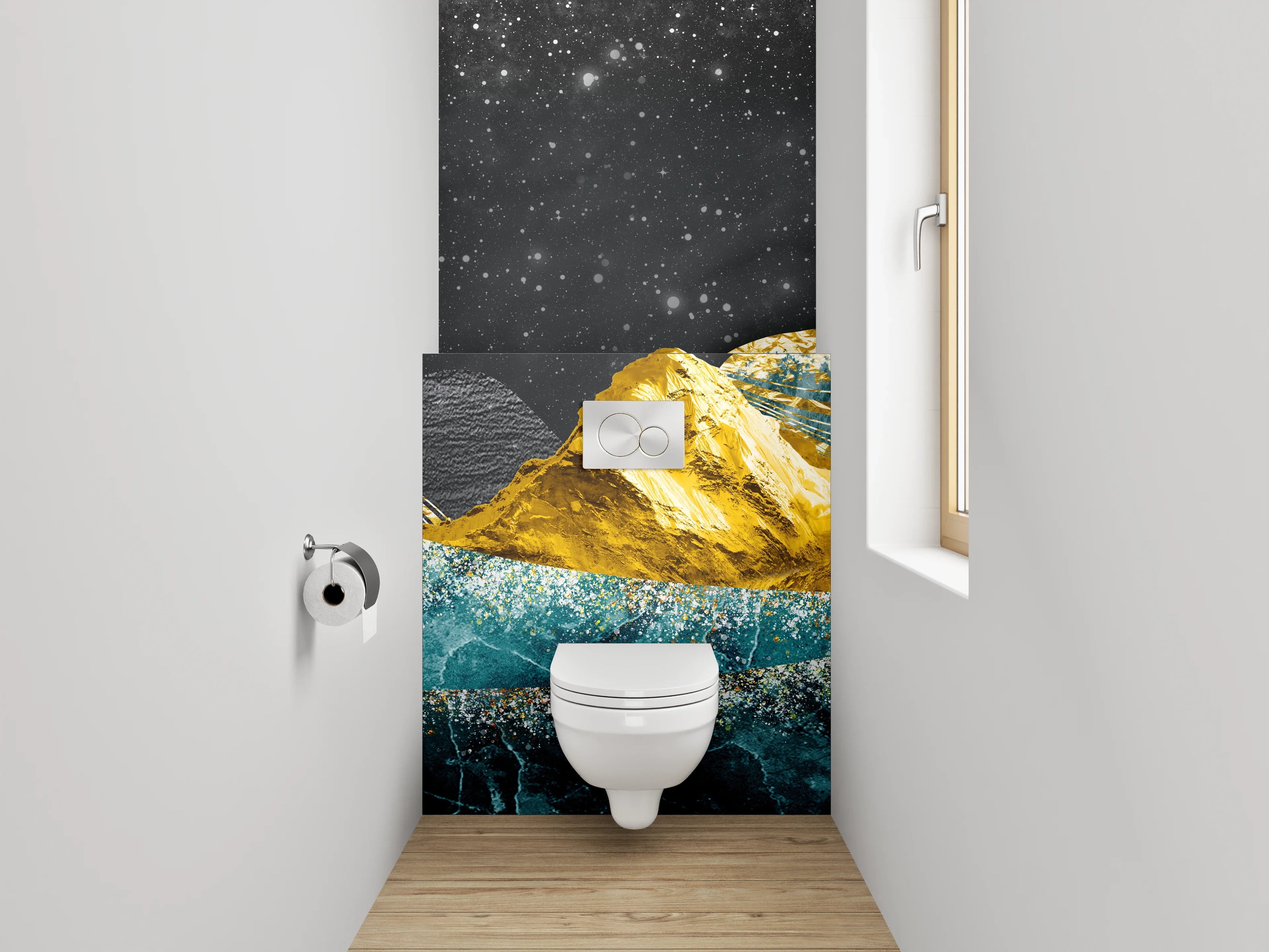 WC-Rückwand - Goldene Berge und blaue Wellen