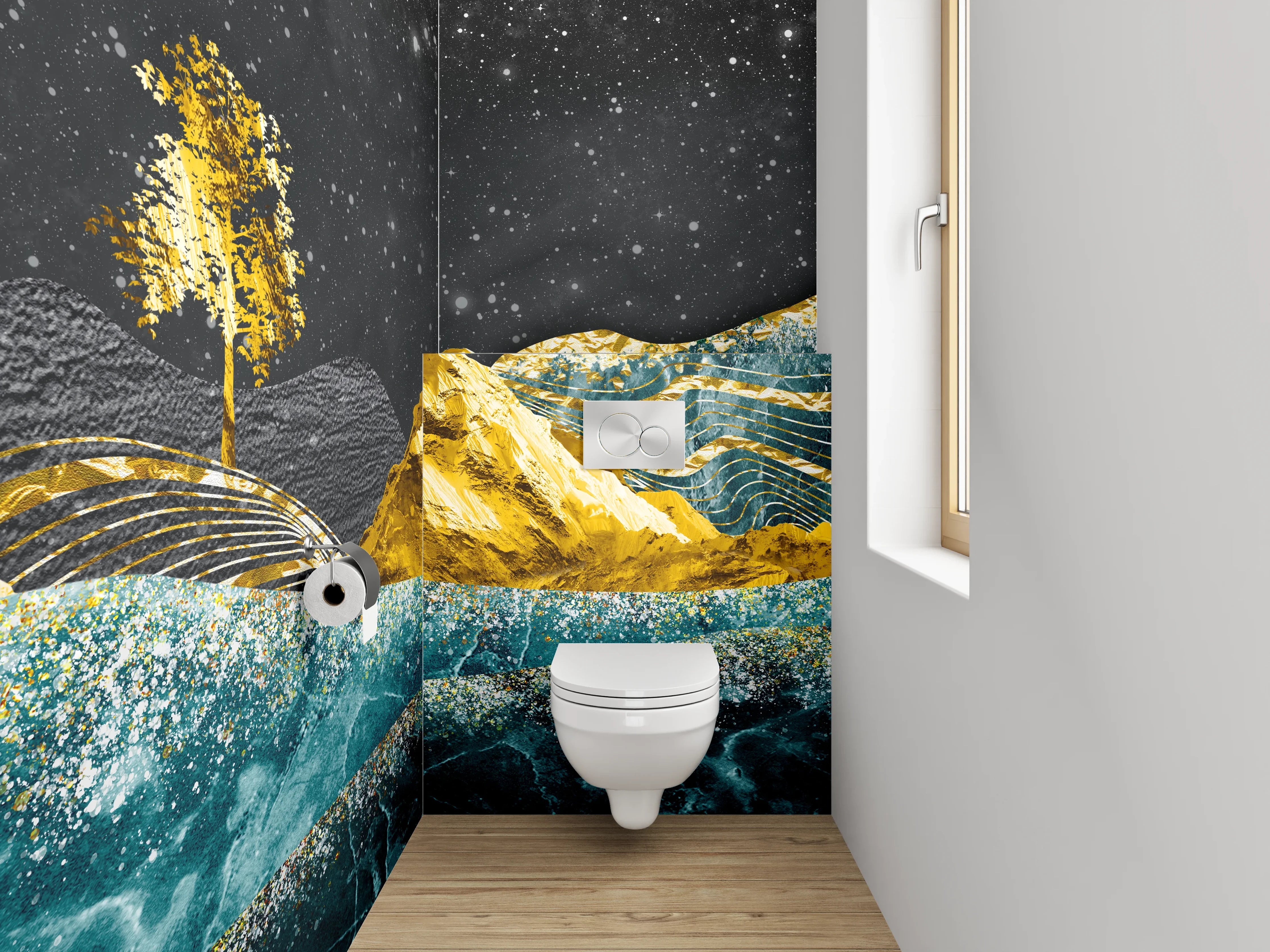 WC-Rückwand - Goldene Berge und blaue Wellen