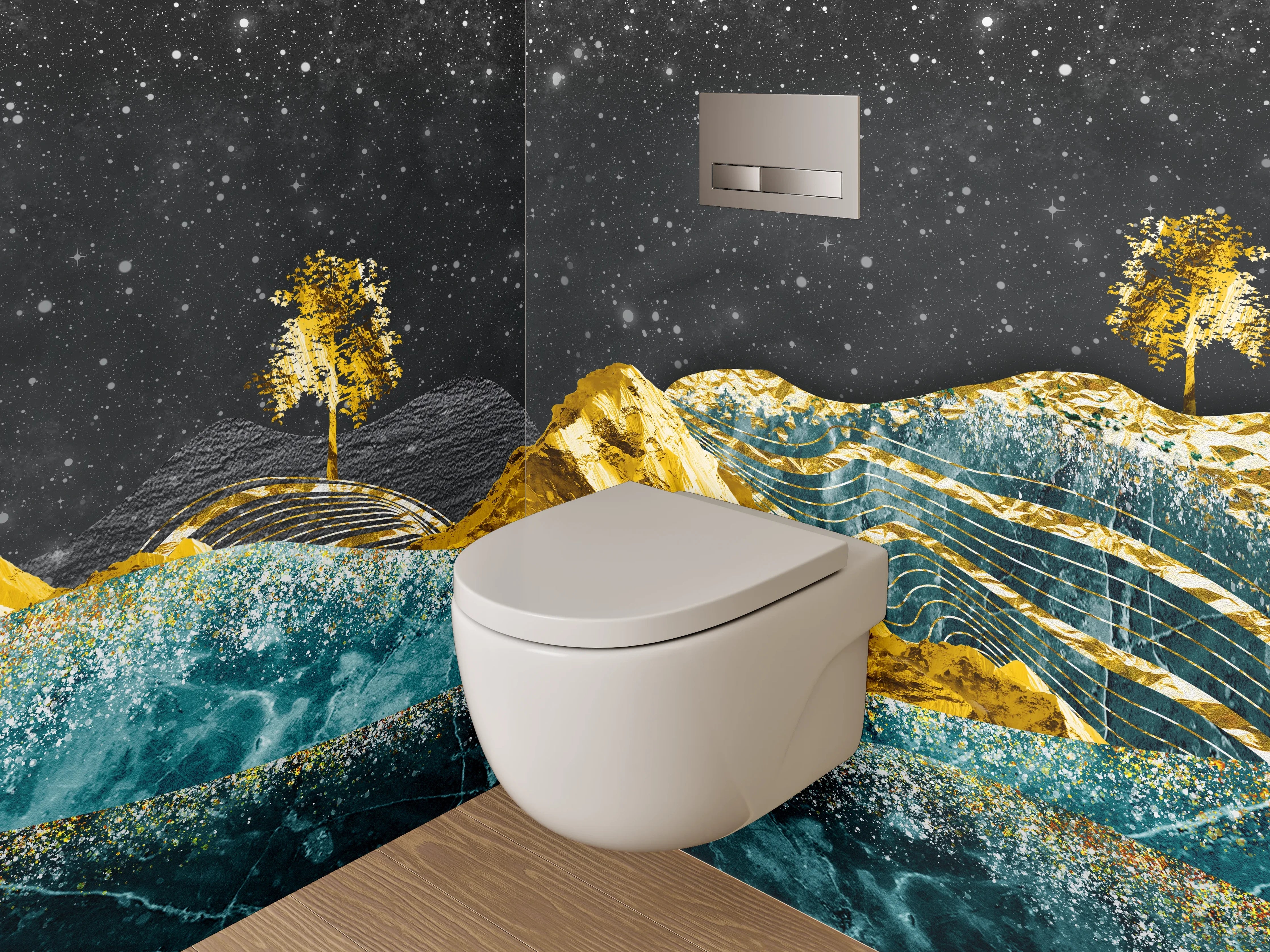 WC-Rückwand - Goldene Berge und blaue Wellen