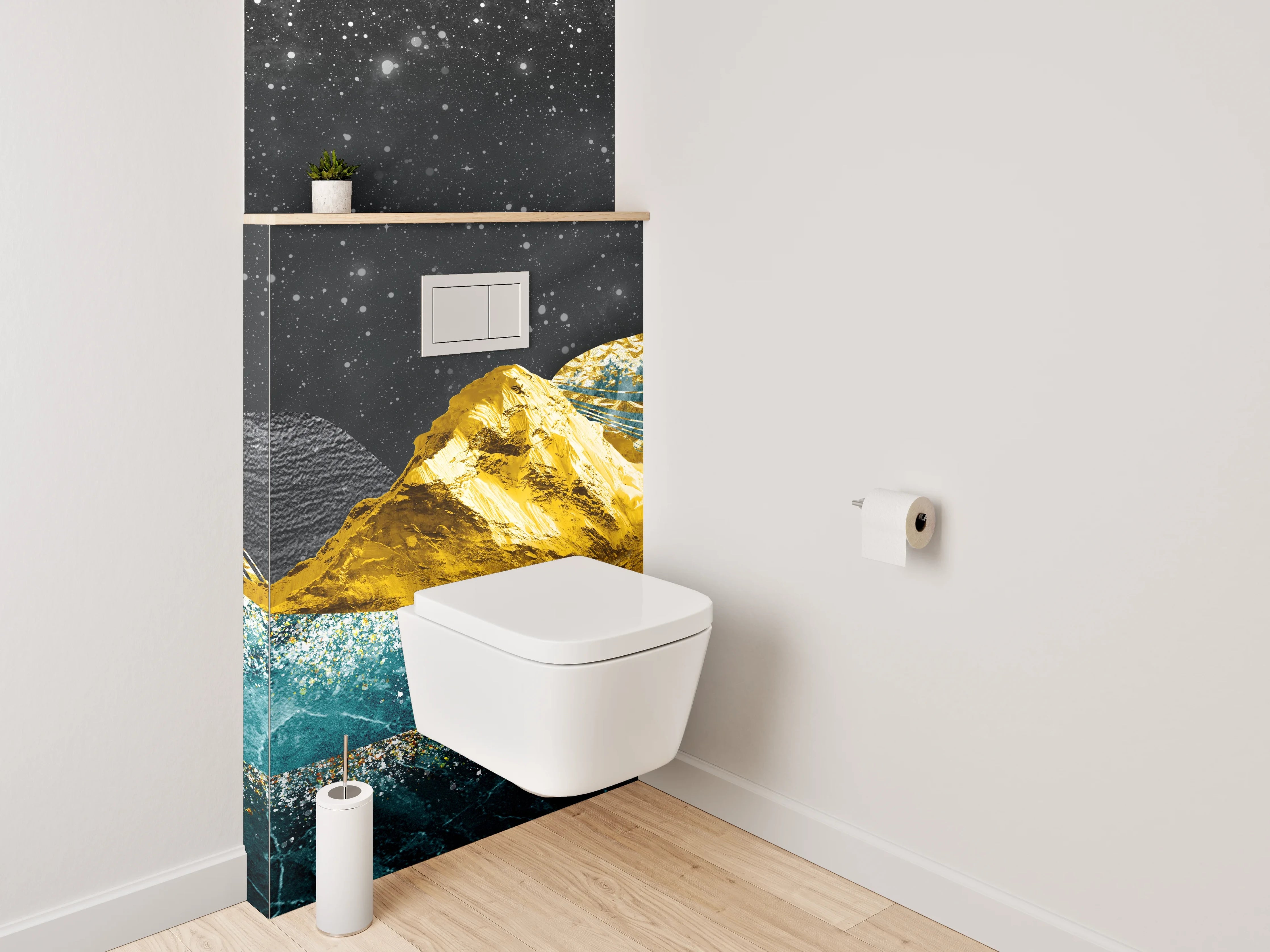 WC-Rückwand - Goldene Berge und blaue Wellen