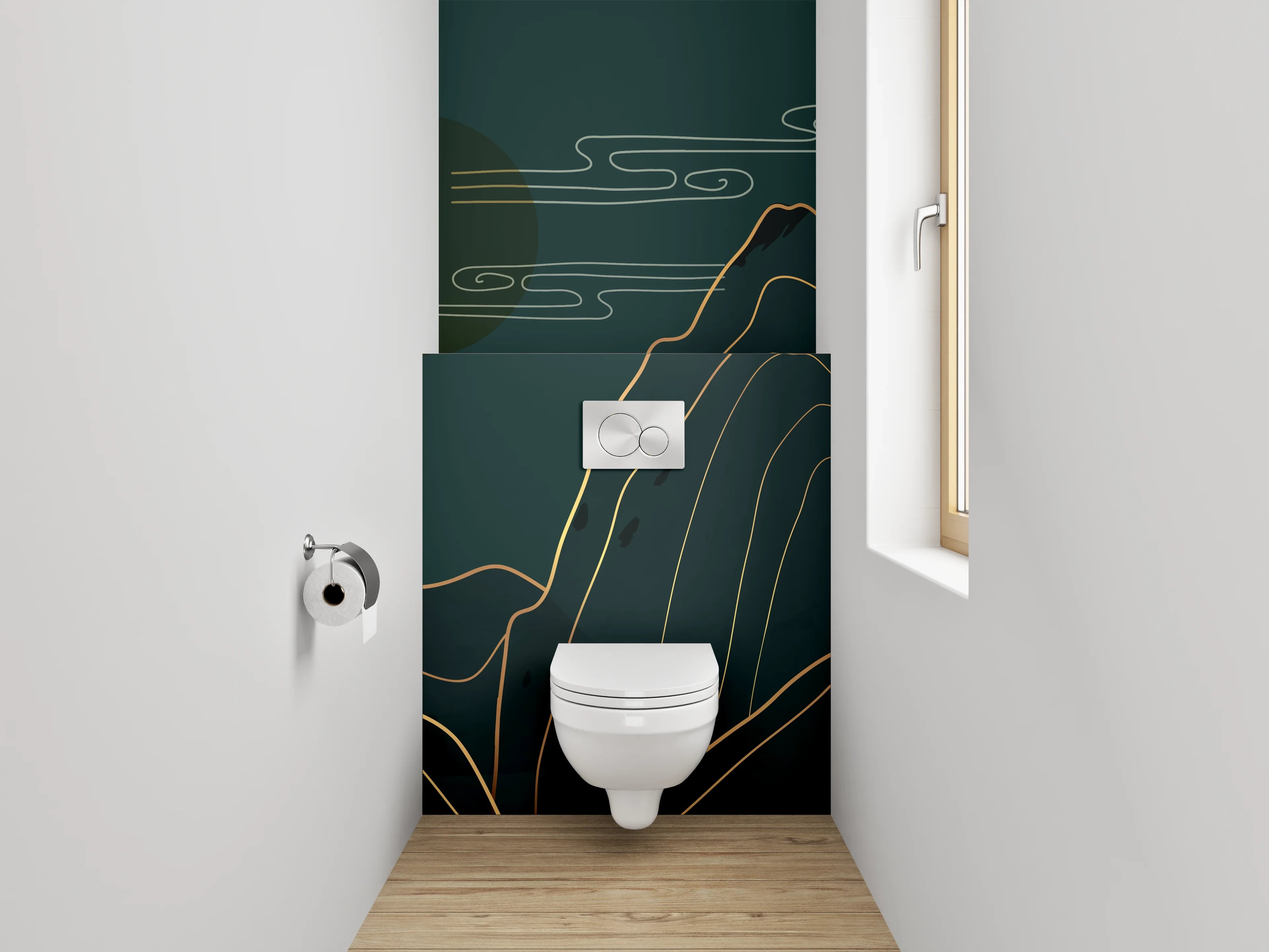 WC-Rückwand - Goldene Berglandschaft Line Art Wandbild