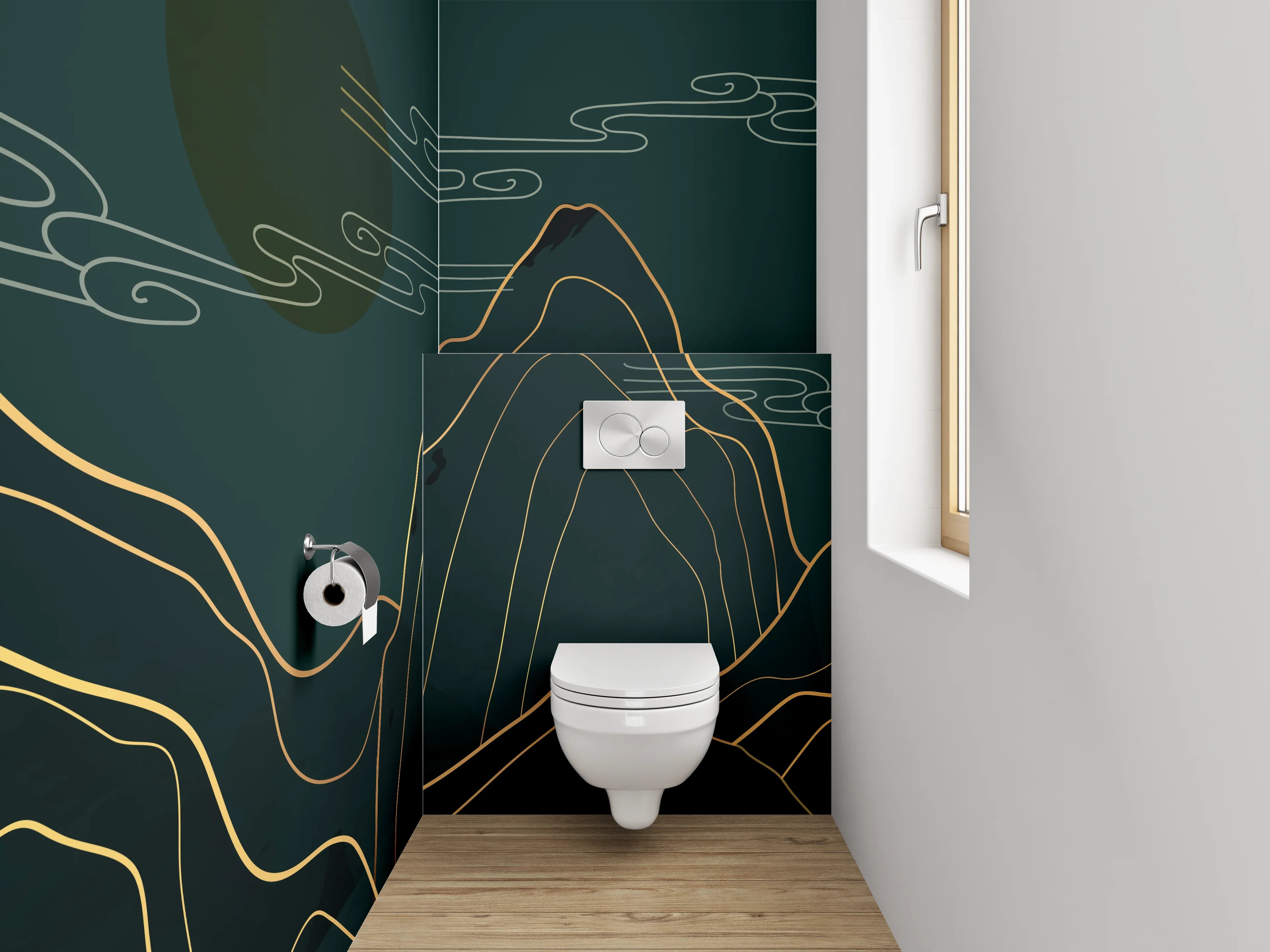 WC-Rückwand - Goldene Berglandschaft Line Art Wandbild