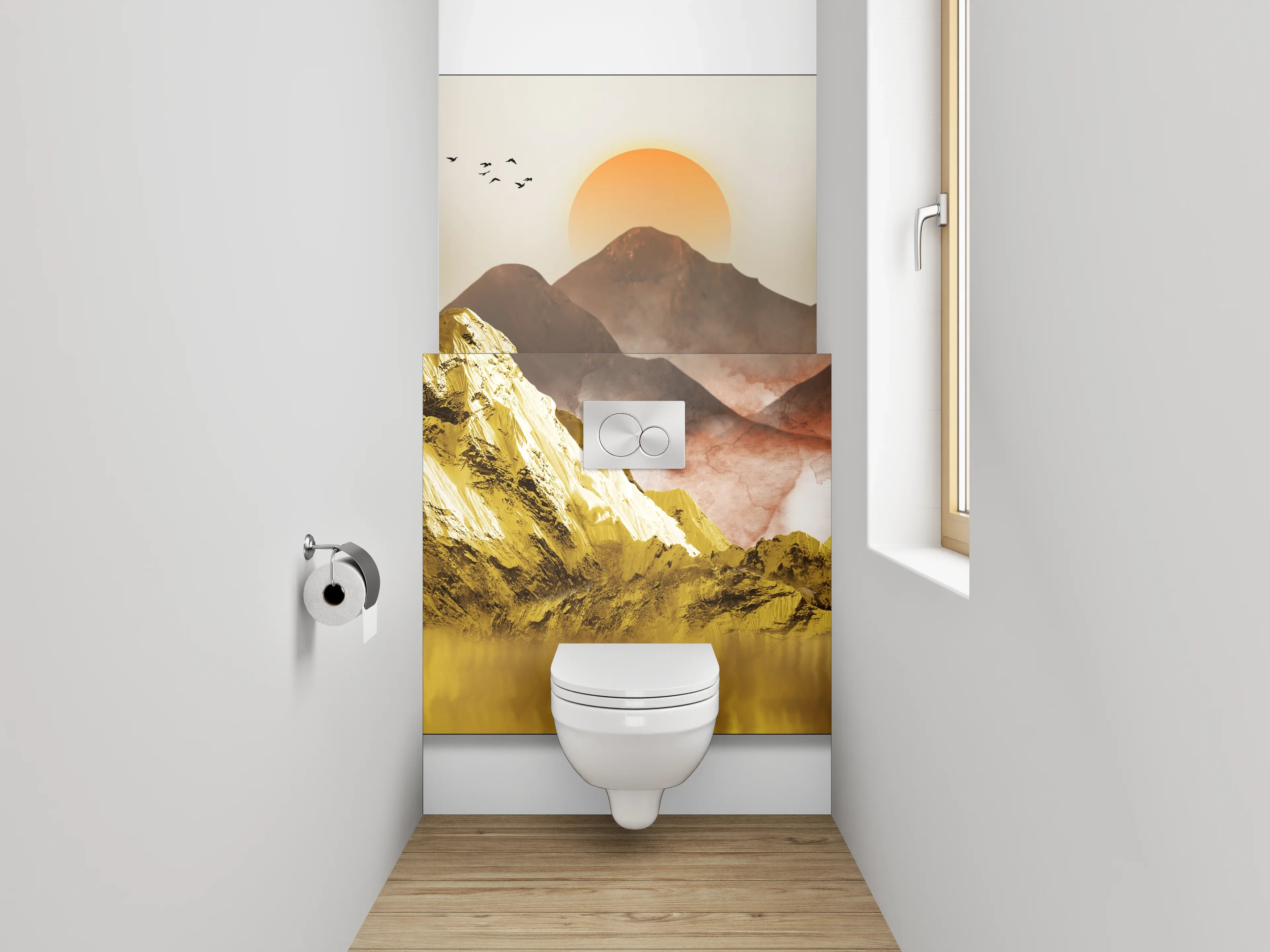 WC-Rückwand - Goldene Berglandschaft Sonnenuntergang Wandbild