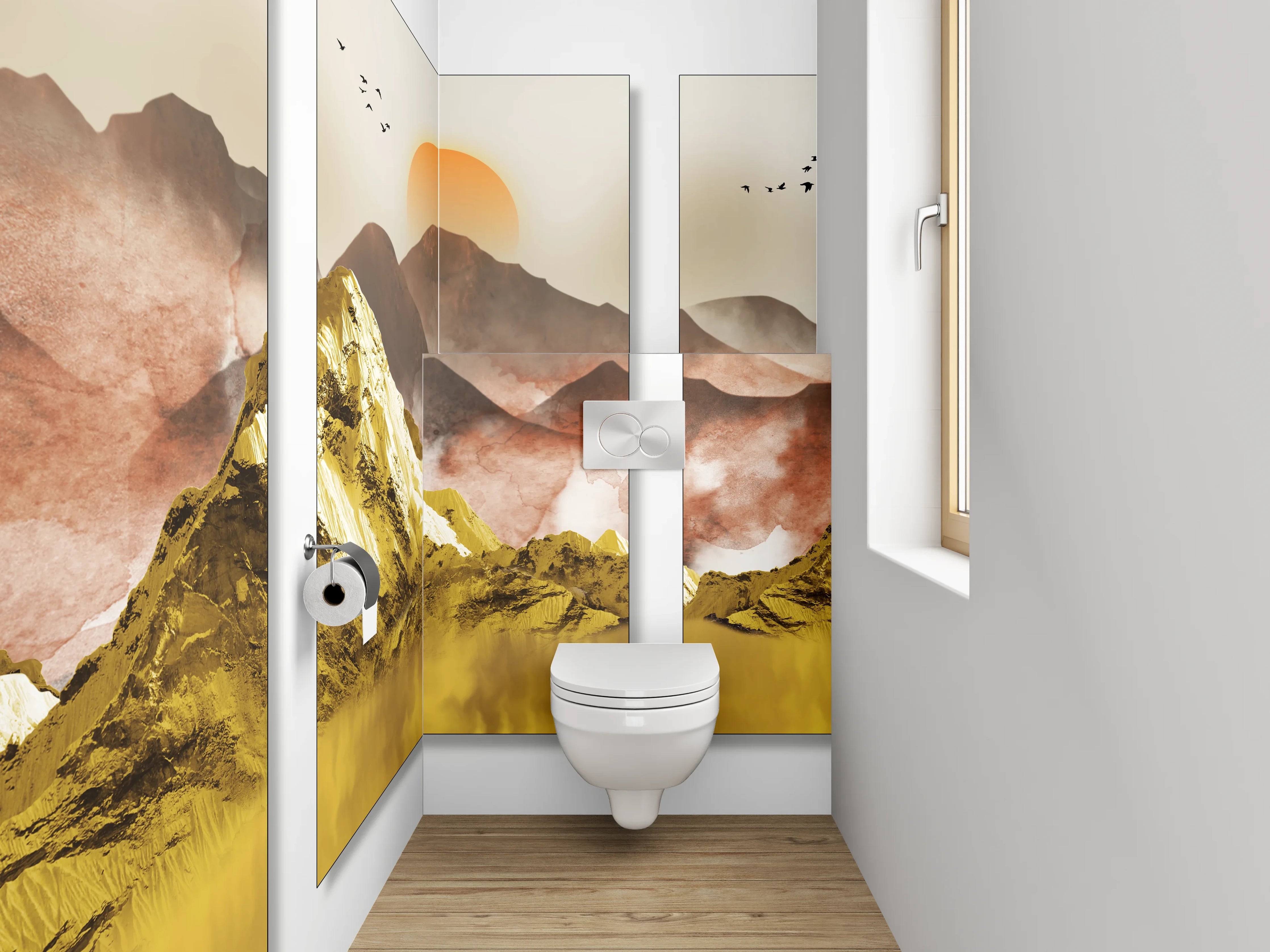 WC-Rückwand - Goldene Berglandschaft Sonnenuntergang Wandbild