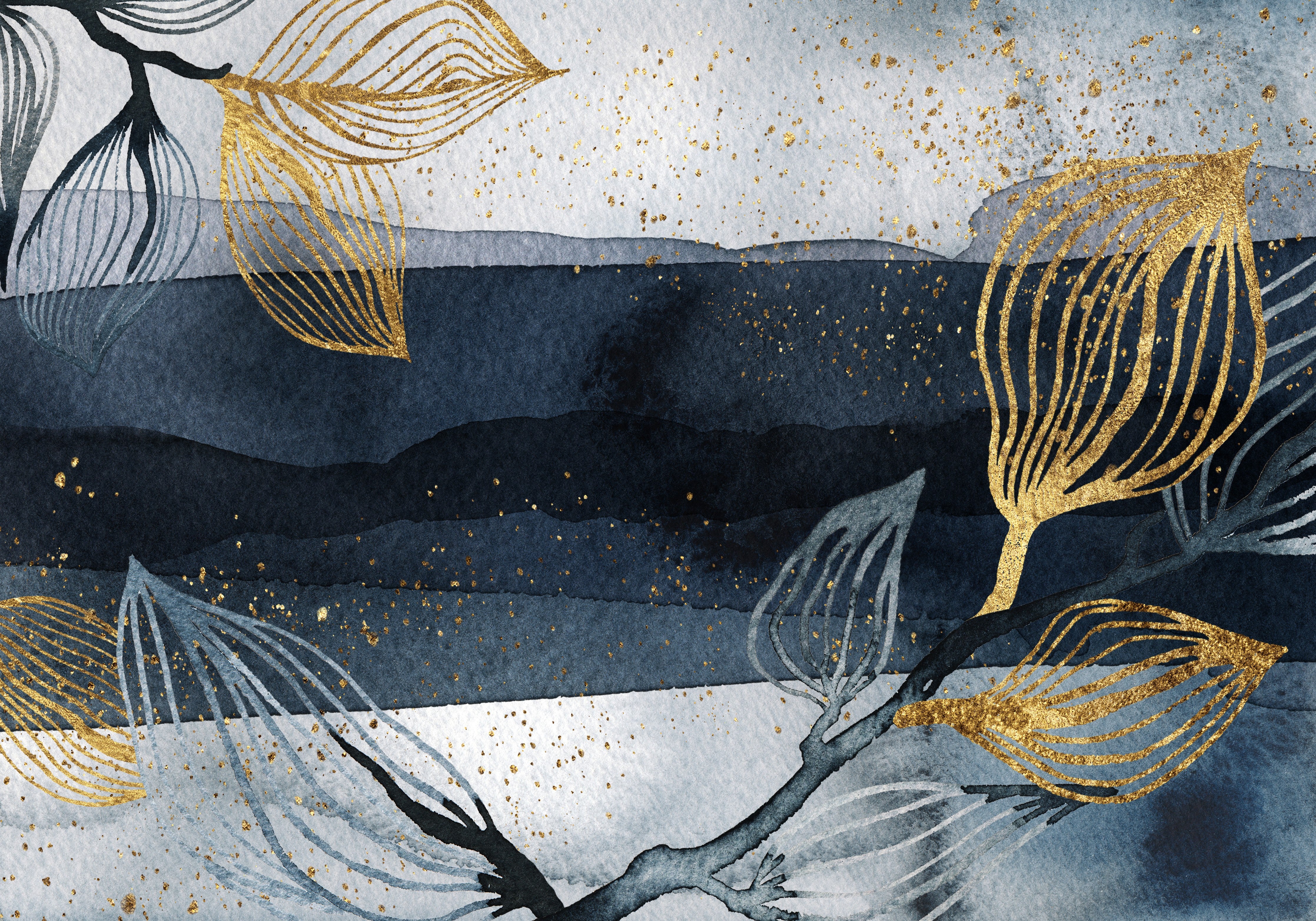 WC-Rückwand-Goldene Blätter Aquarell auf Dunkelblau