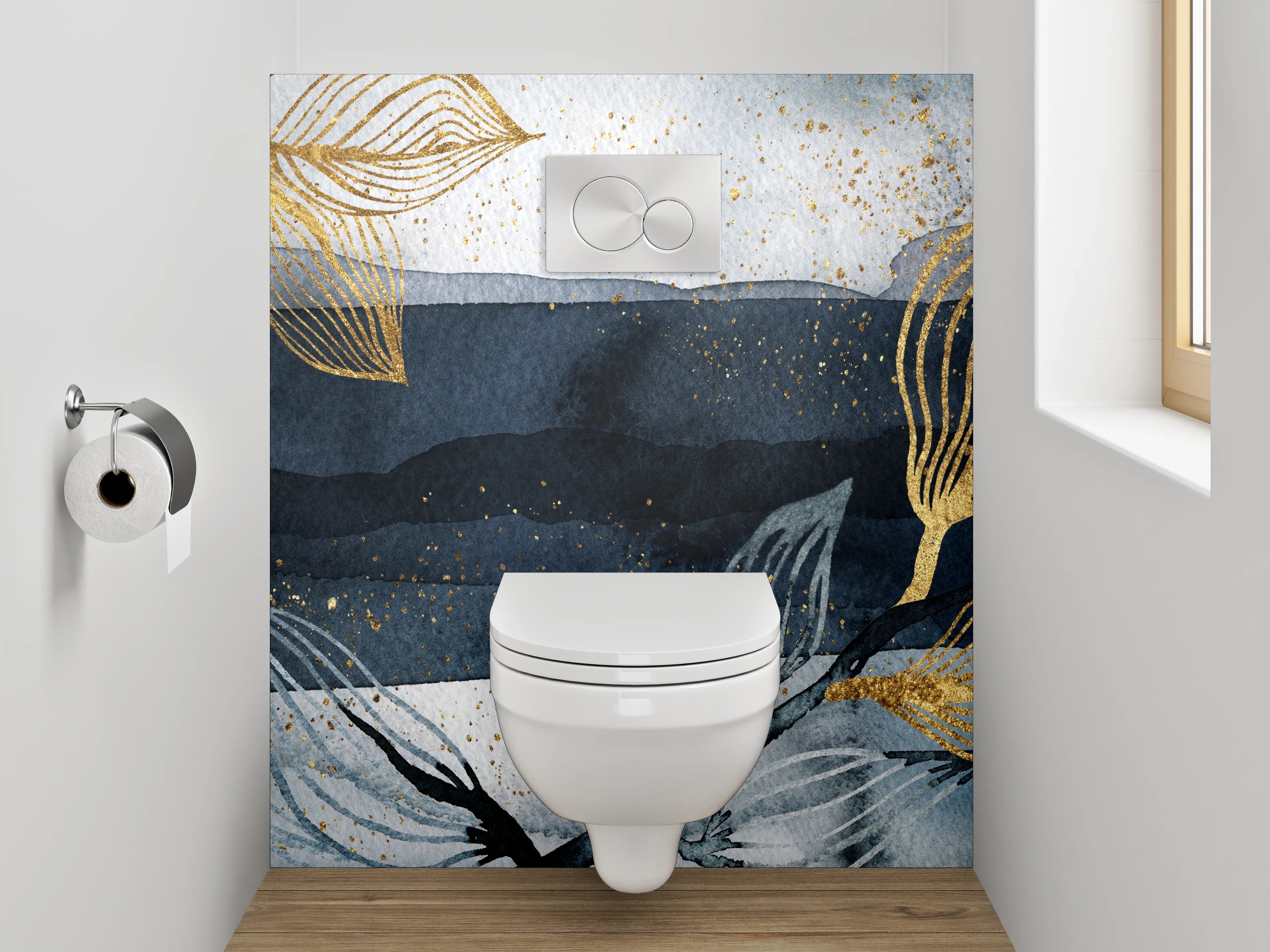 WC-Rückwand - Goldene Blätter Aquarell auf Dunkelblau