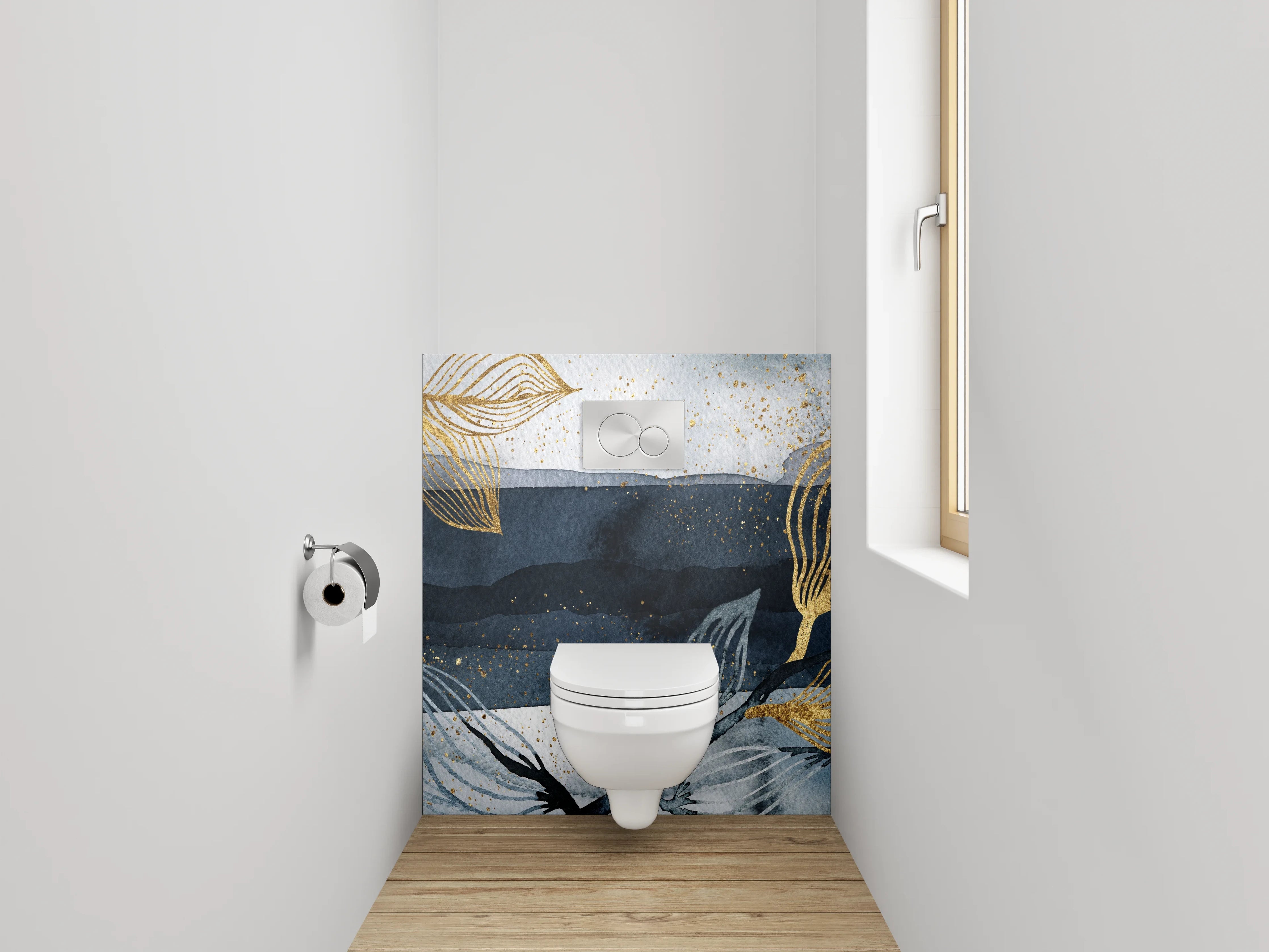 WC-Rückwand - Goldene Blätter Aquarell auf Dunkelblau