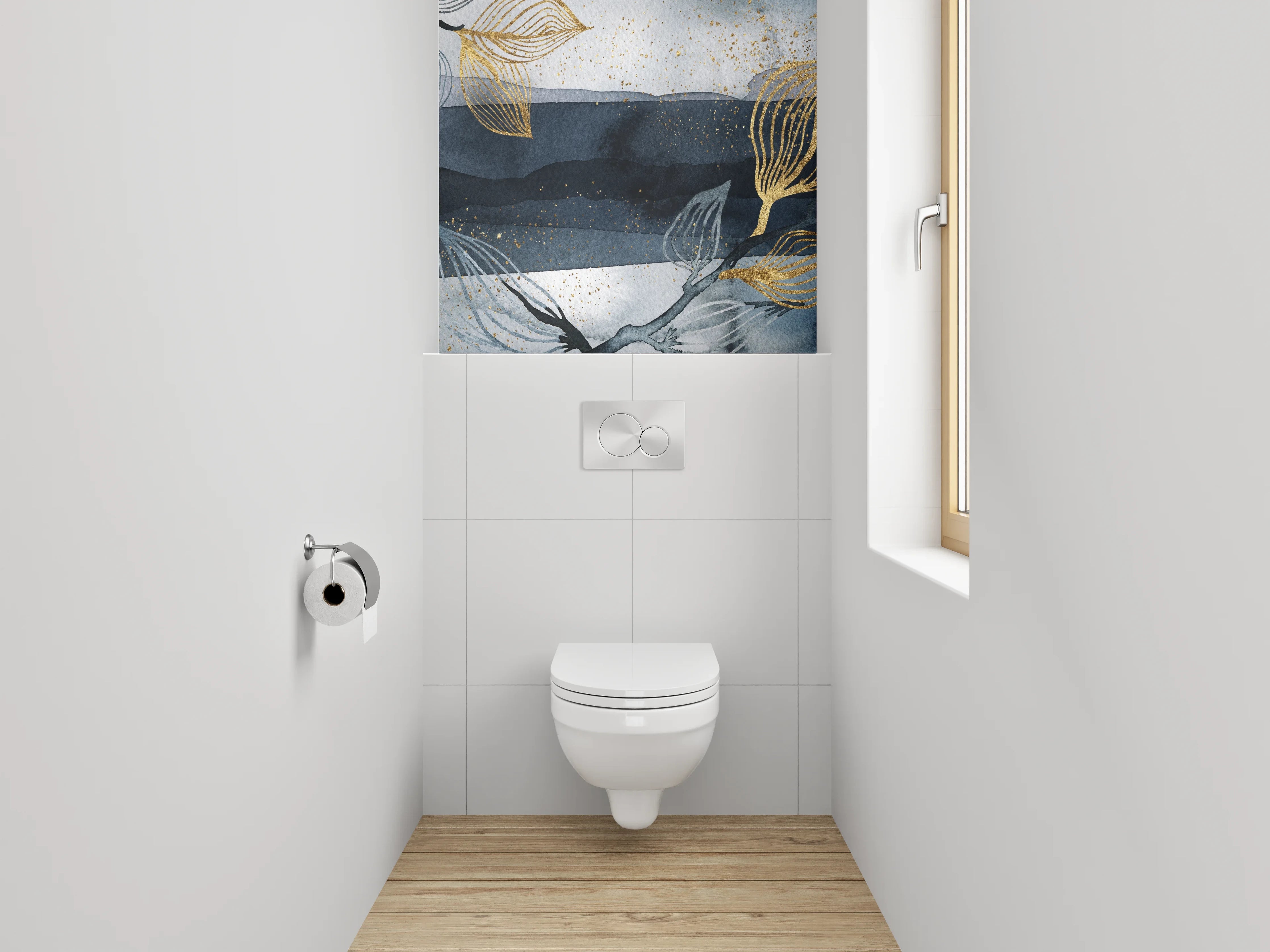 WC-Rückwand - Goldene Blätter Aquarell auf Dunkelblau
