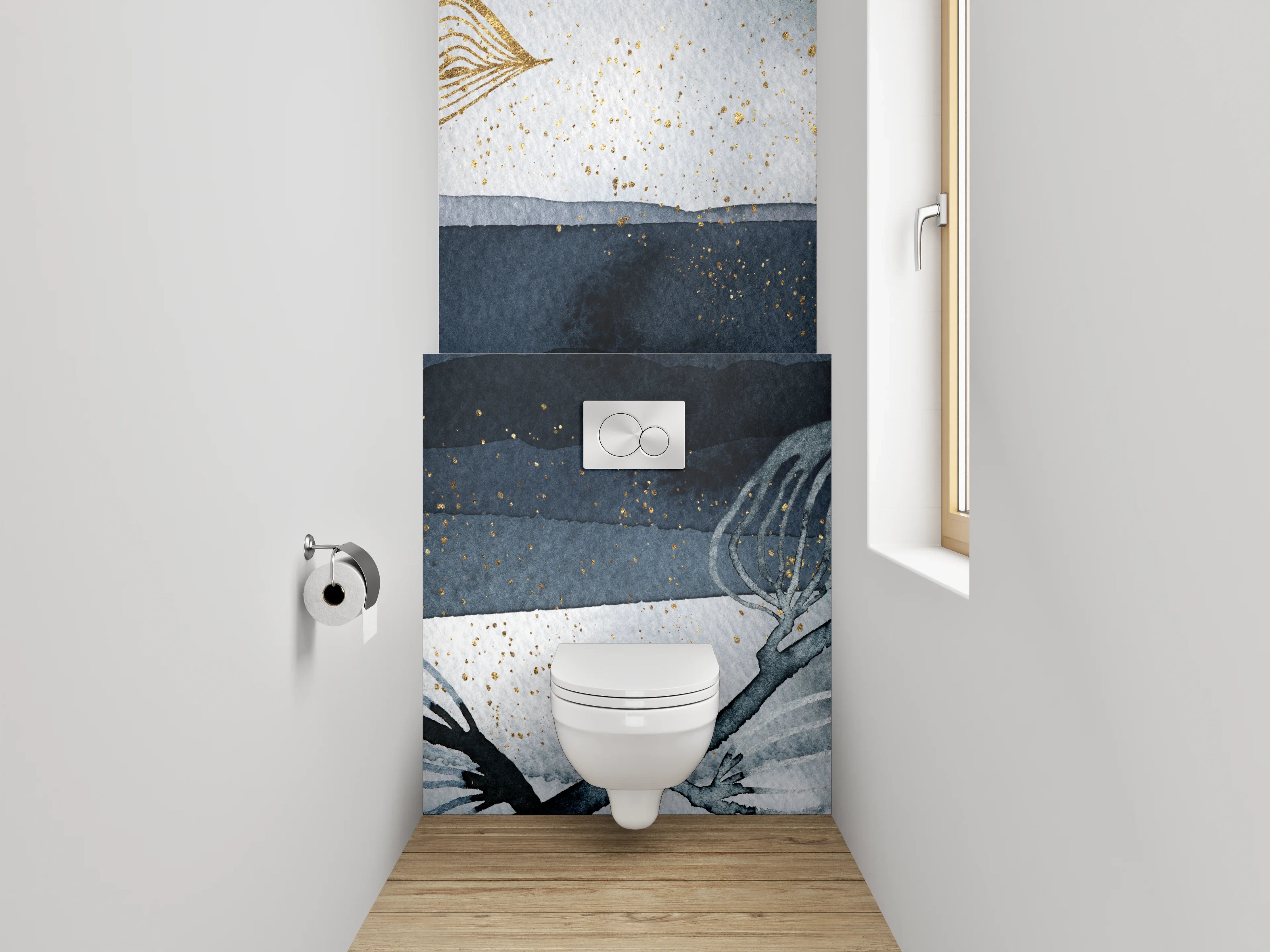 WC-Rückwand - Goldene Blätter Aquarell auf Dunkelblau