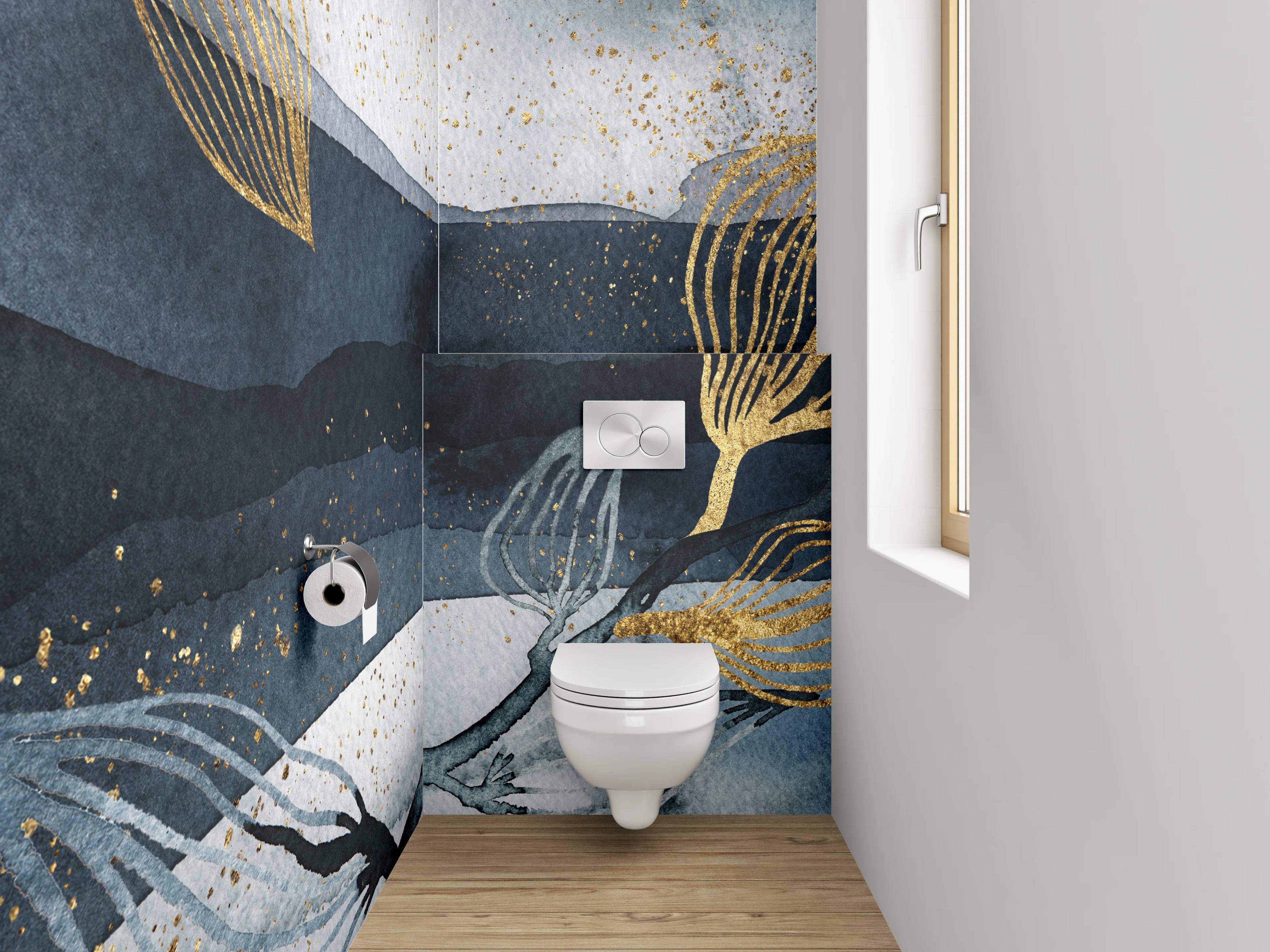WC-Rückwand - Goldene Blätter Aquarell auf Dunkelblau