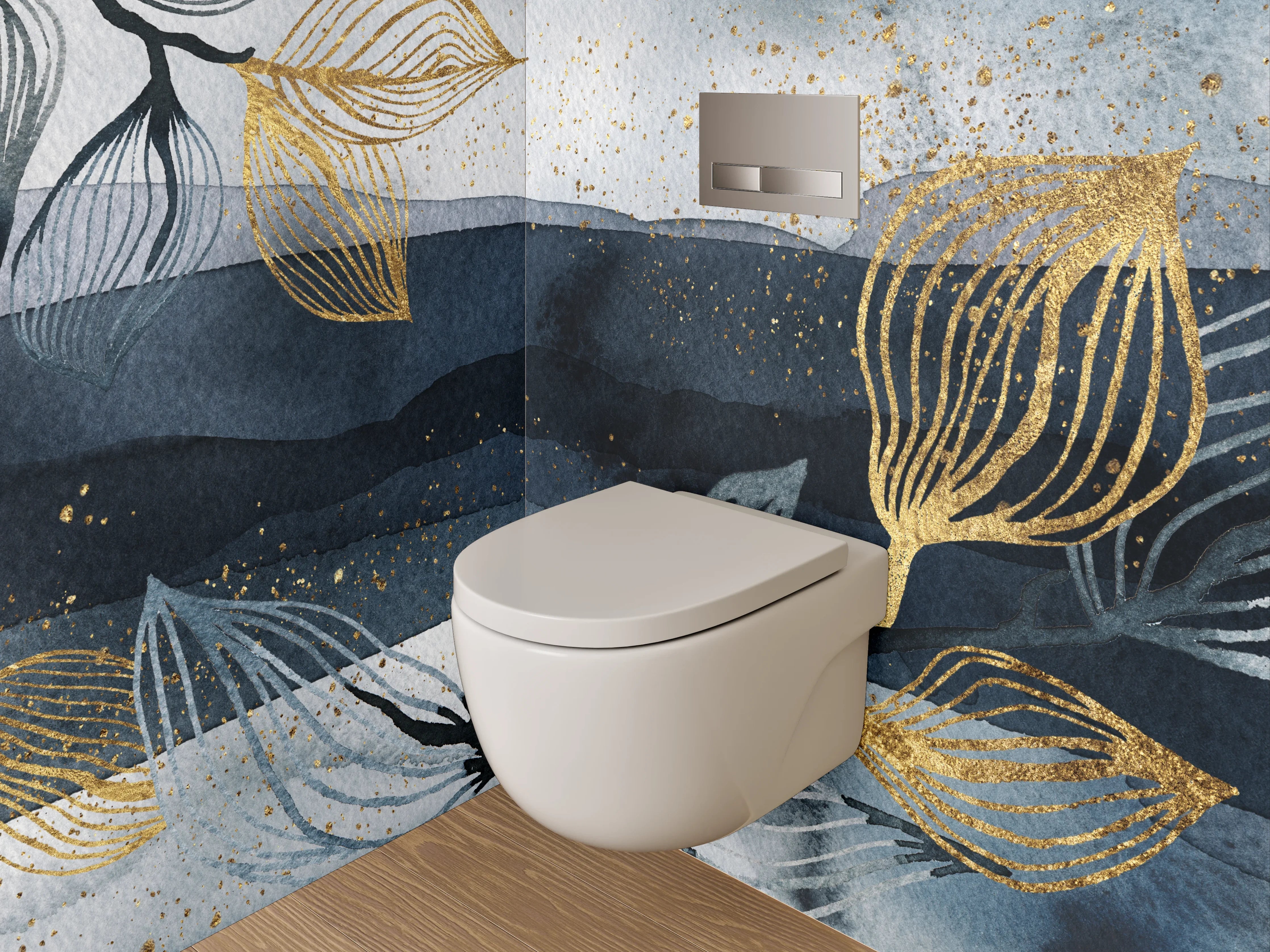 WC-Rückwand - Goldene Blätter Aquarell auf Dunkelblau