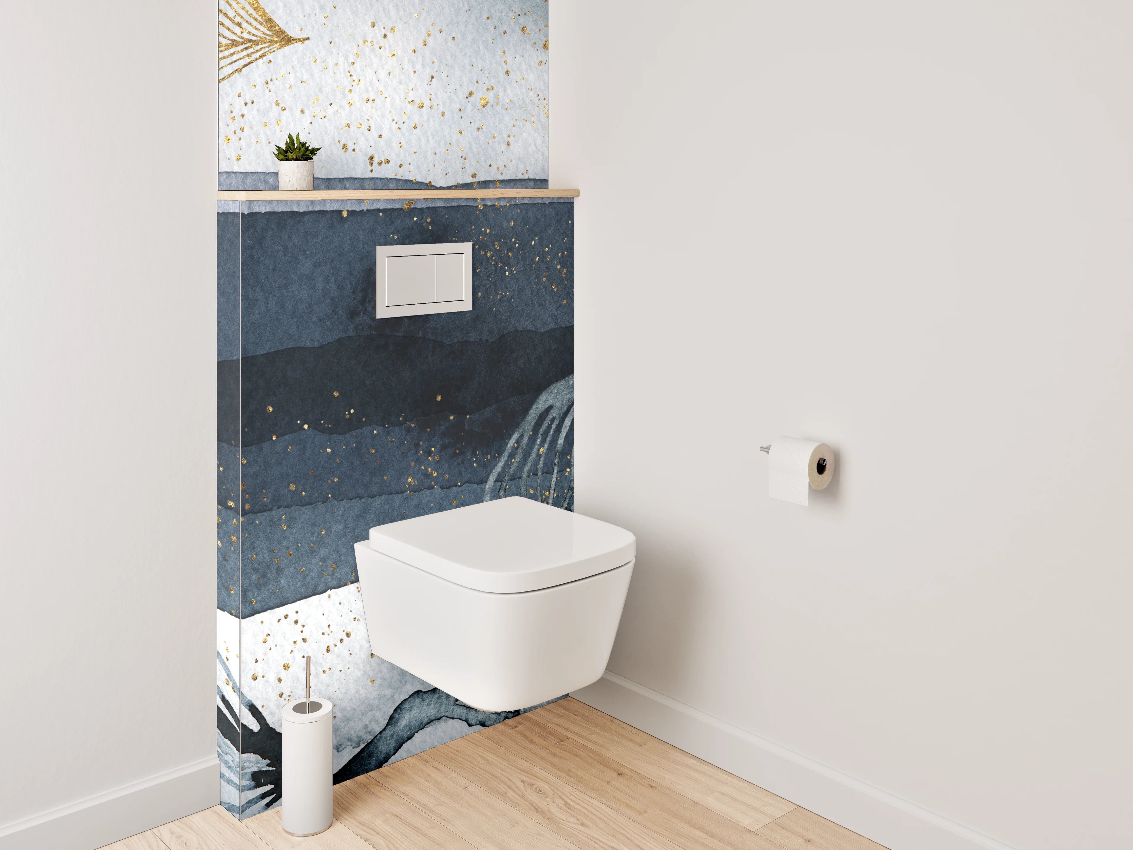 WC-Rückwand - Goldene Blätter Aquarell auf Dunkelblau