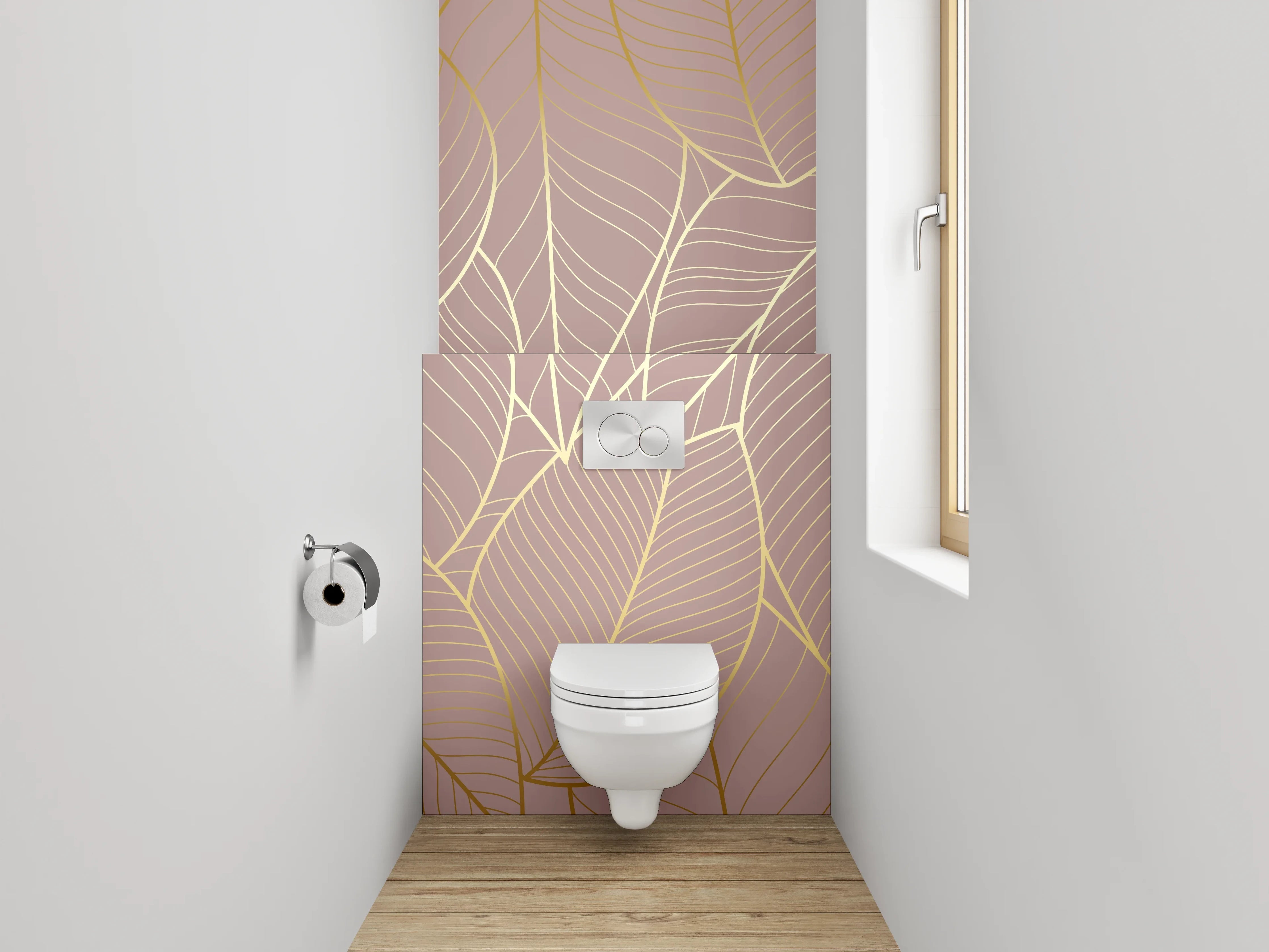 WC-Rückwand - Goldene Blätter Line Art Tapete