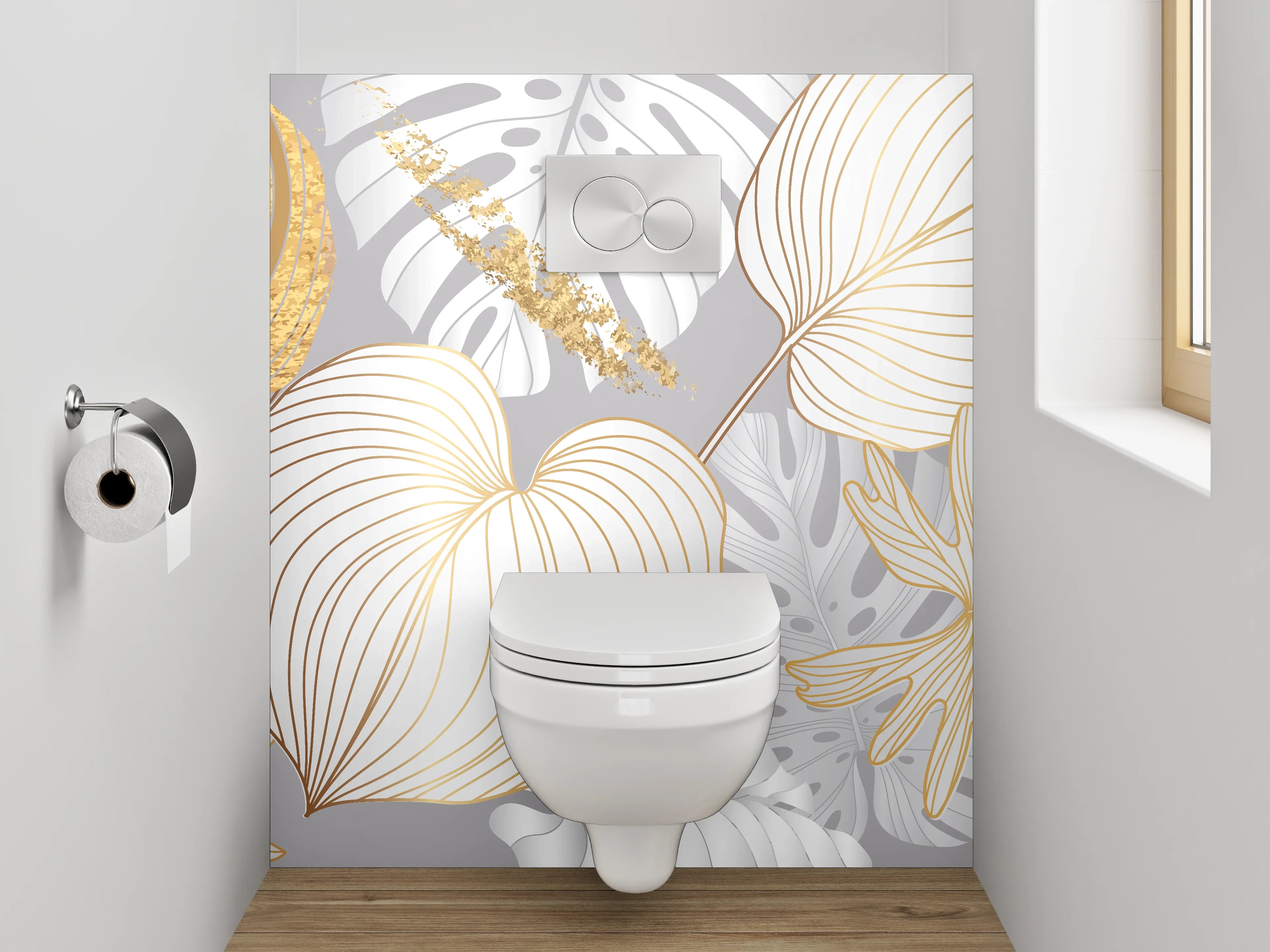 WC-Rückwand - Goldene Blätter Lineart auf Weiß-Grau