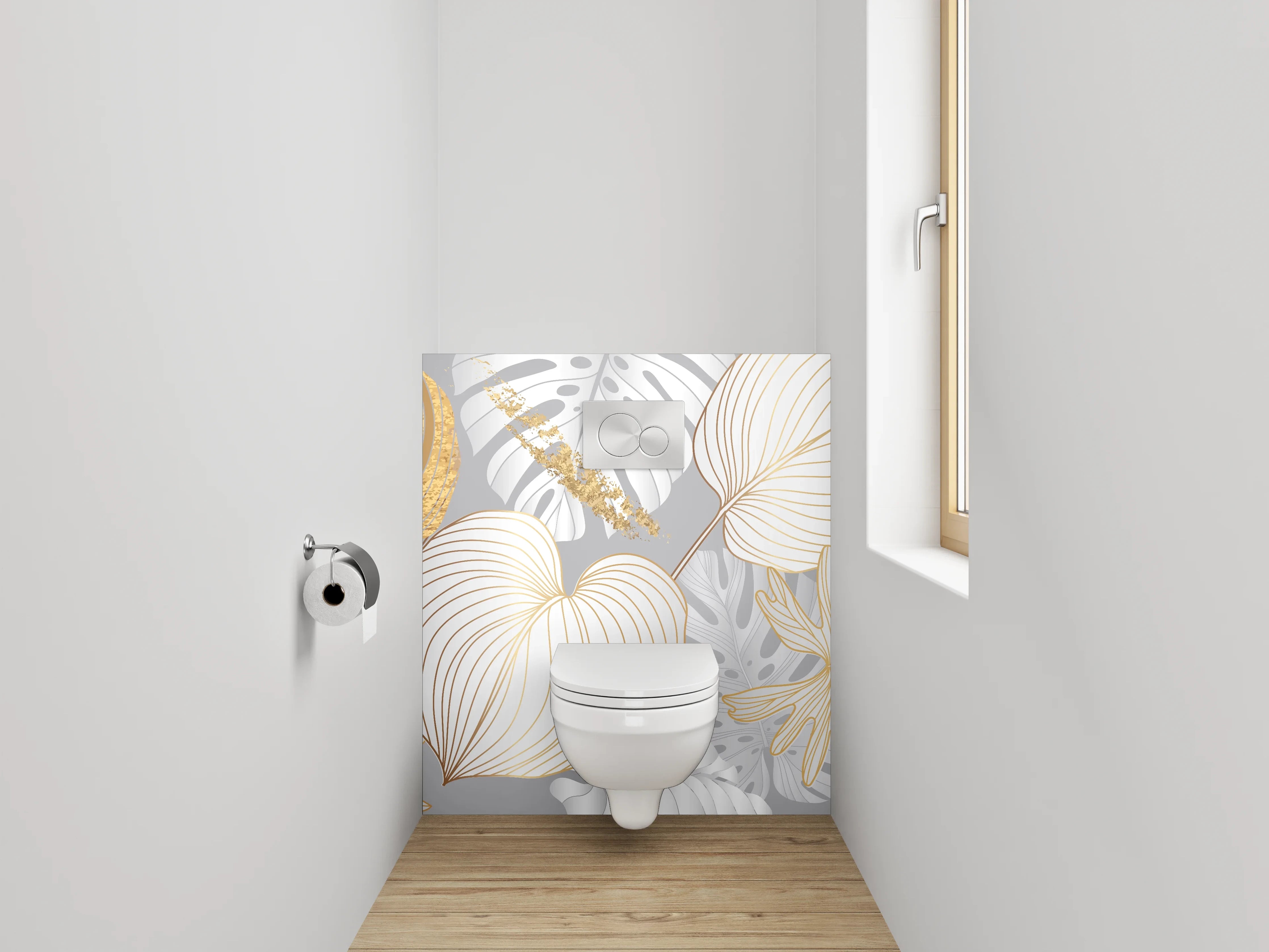 WC-Rückwand - Goldene Blätter Lineart auf Weiß-Grau