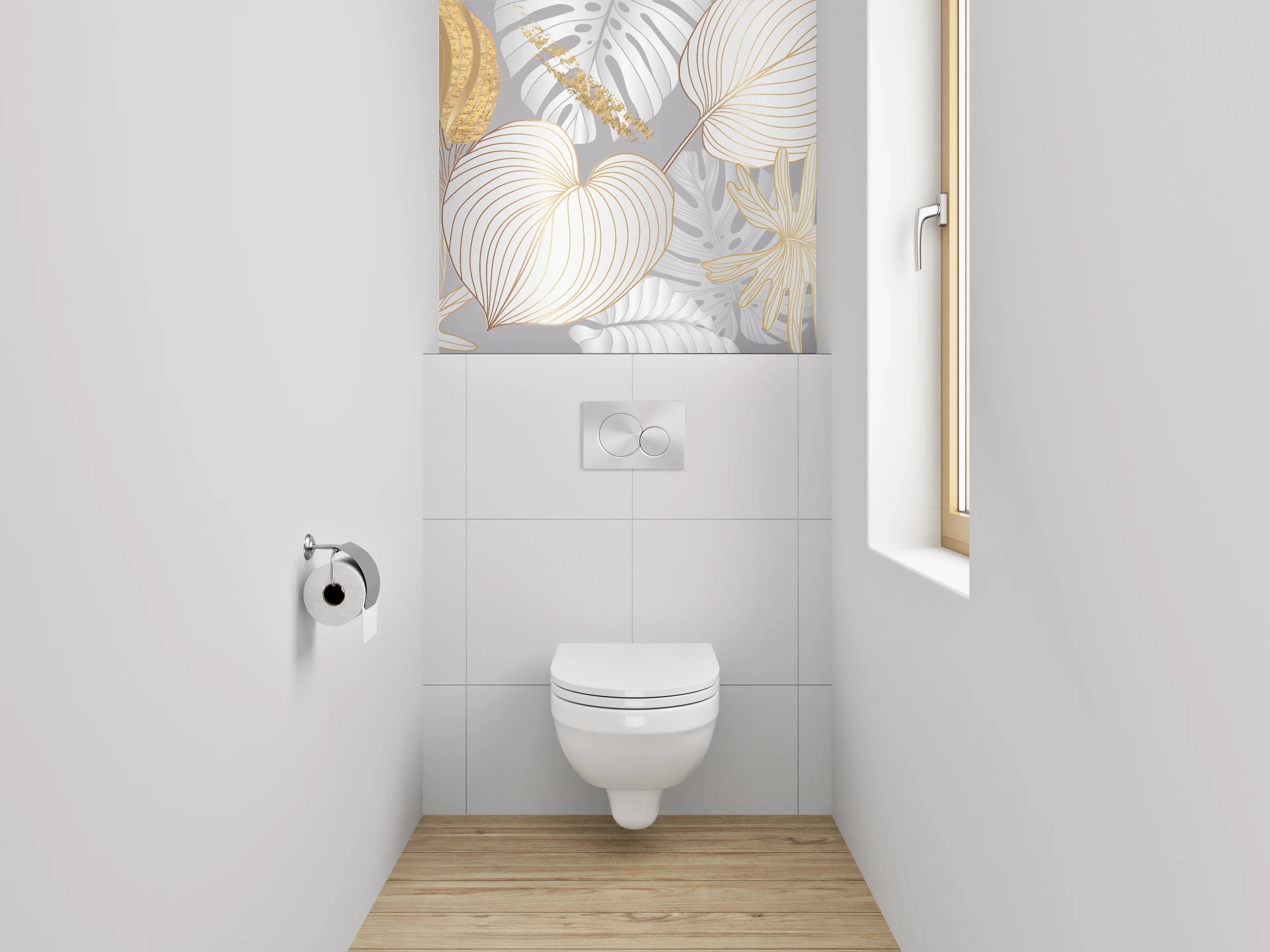 WC-Rückwand - Goldene Blätter Lineart auf Weiß-Grau
