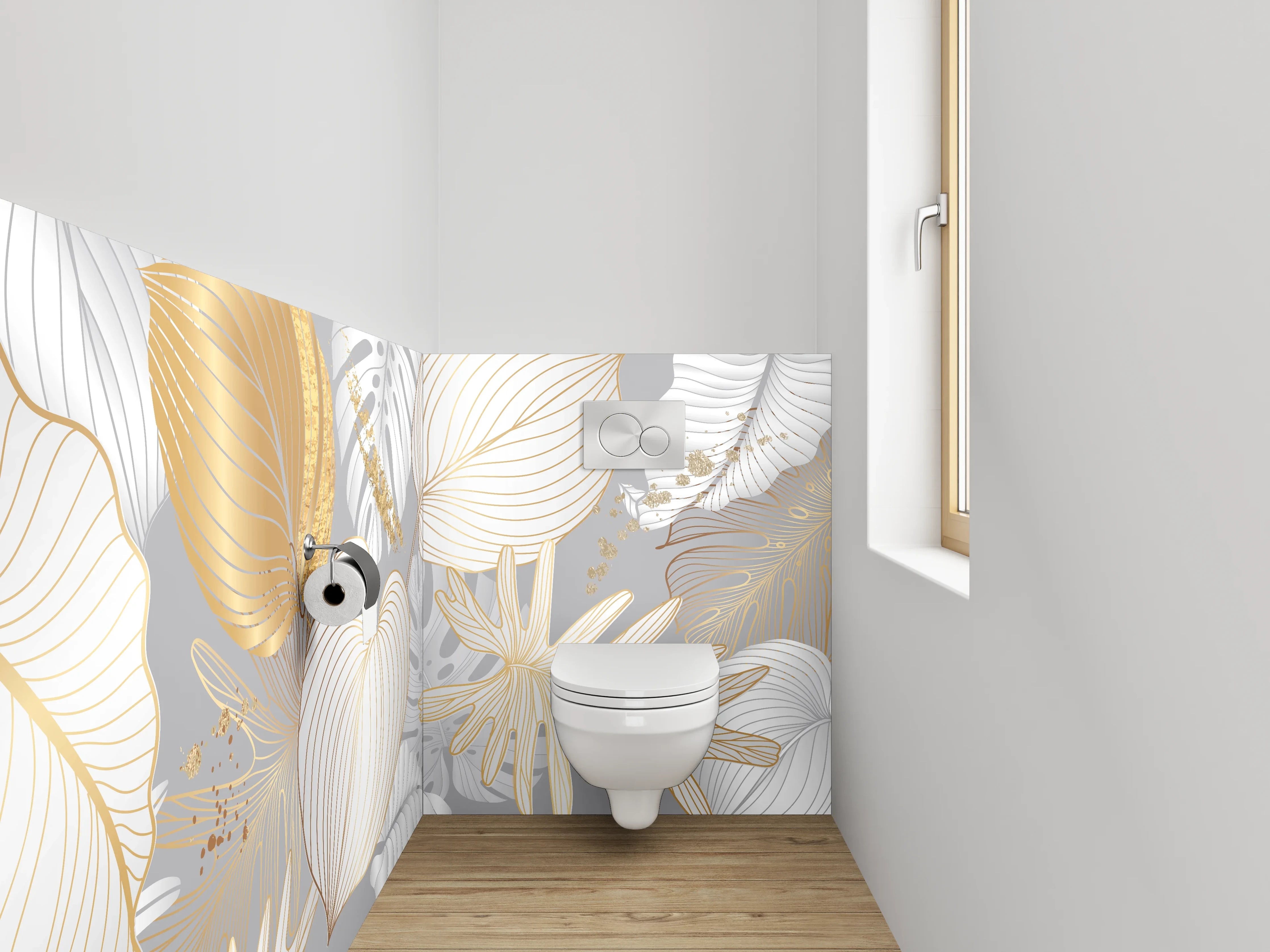 WC-Rückwand - Goldene Blätter Lineart auf Weiß-Grau