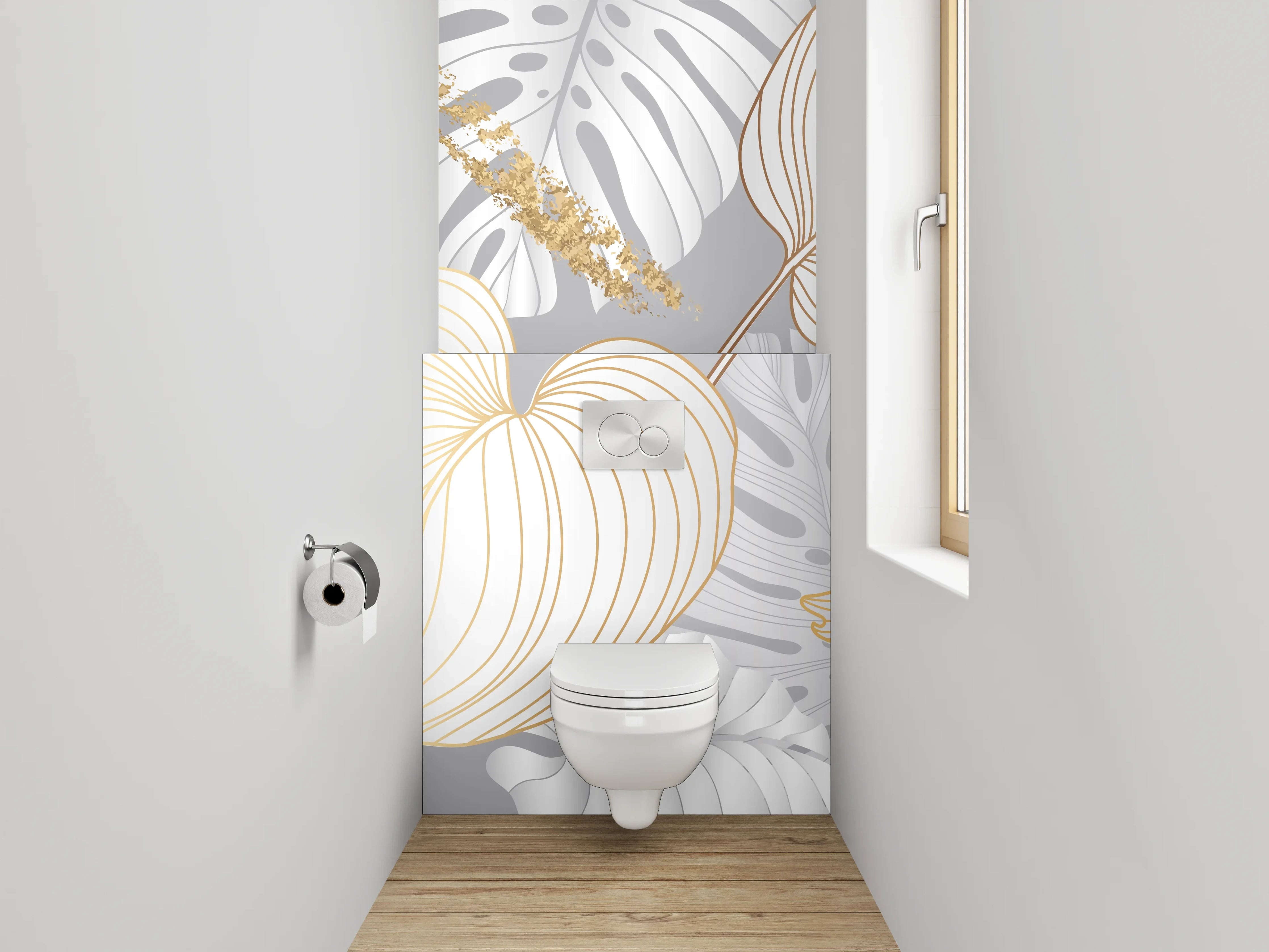 WC-Rückwand - Goldene Blätter Lineart auf Weiß-Grau