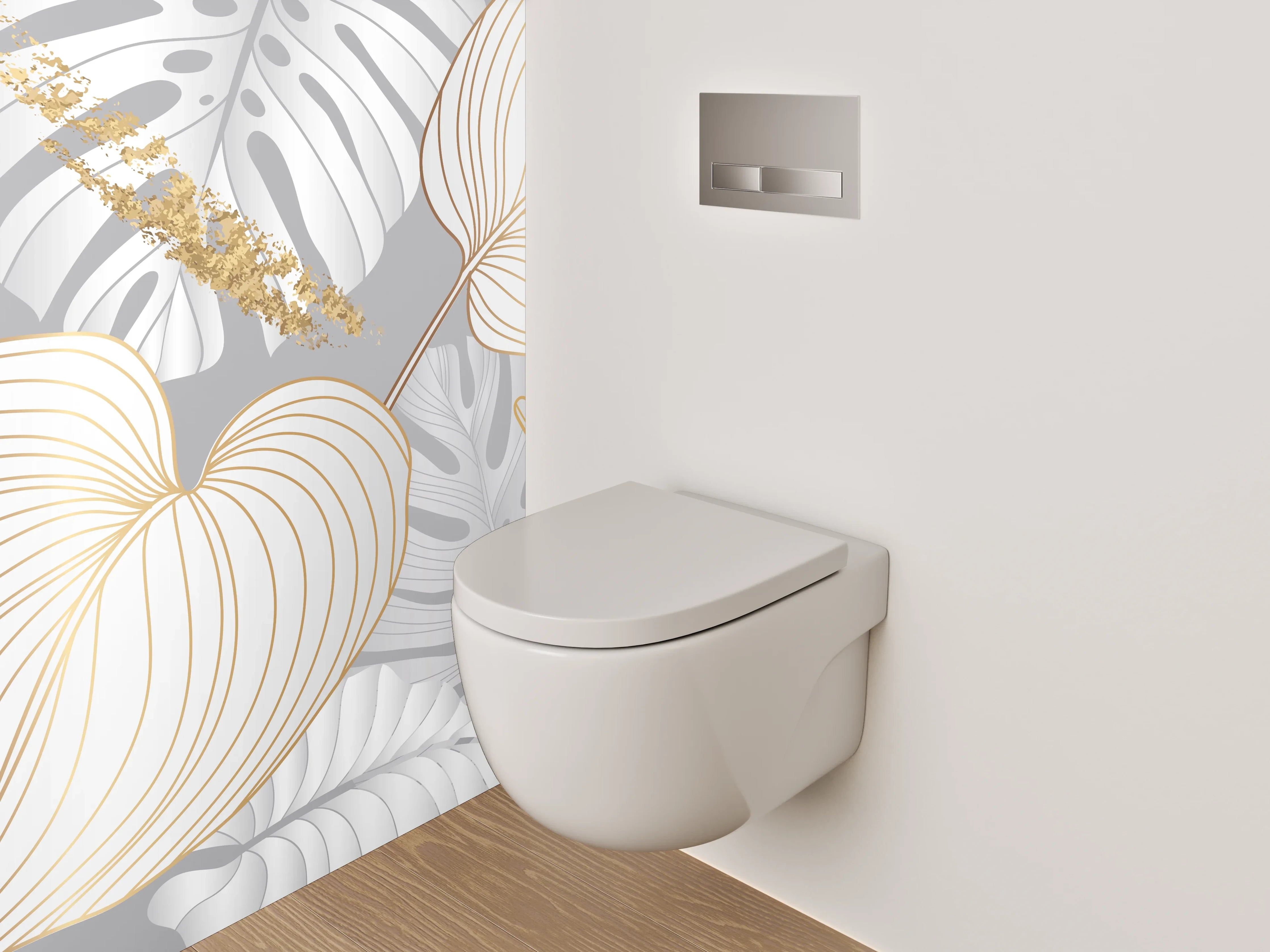 WC-Rückwand - Goldene Blätter Lineart auf Weiß-Grau