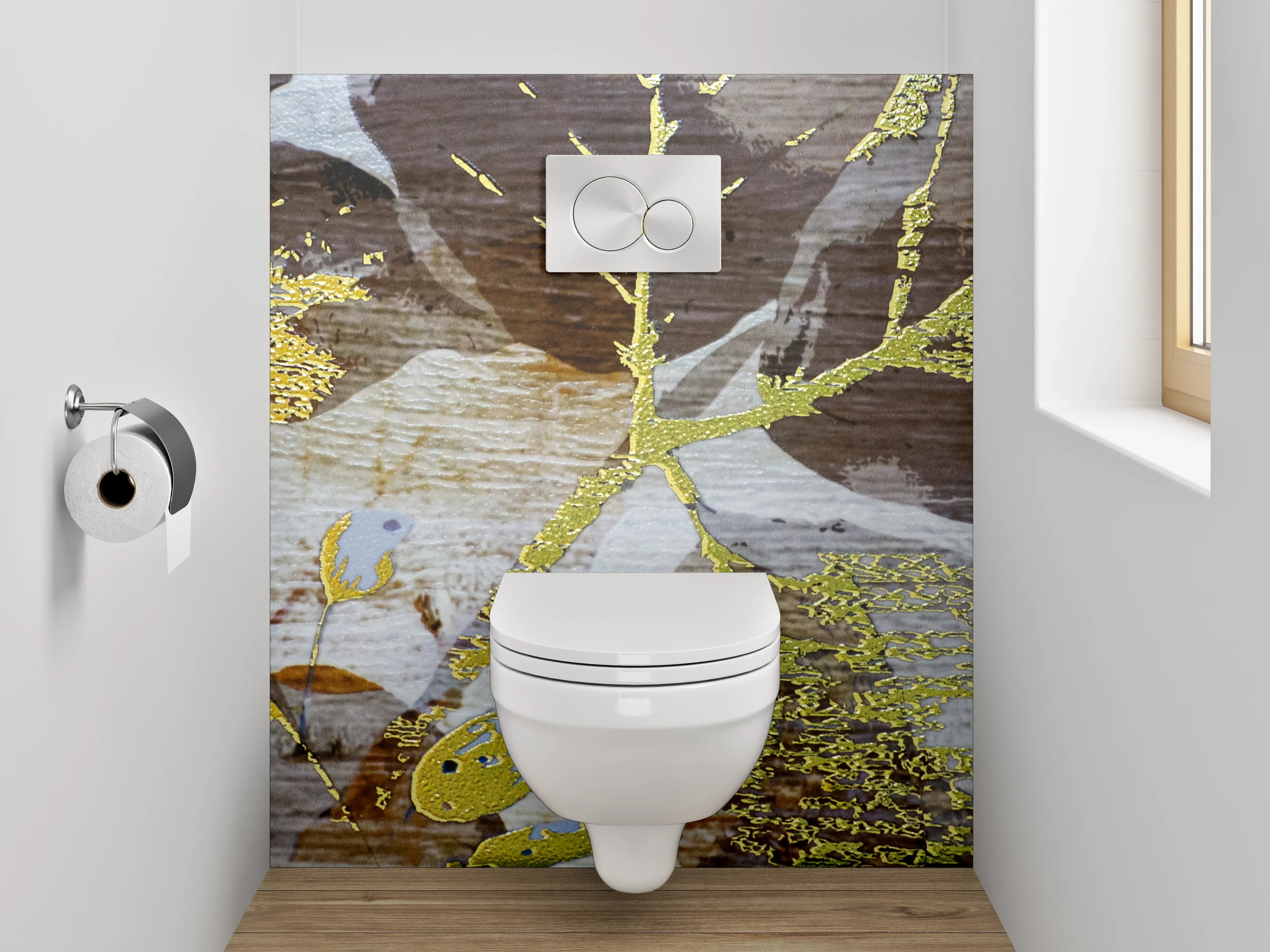 WC-Rückwand - Goldene Blätter auf Vintage Holz