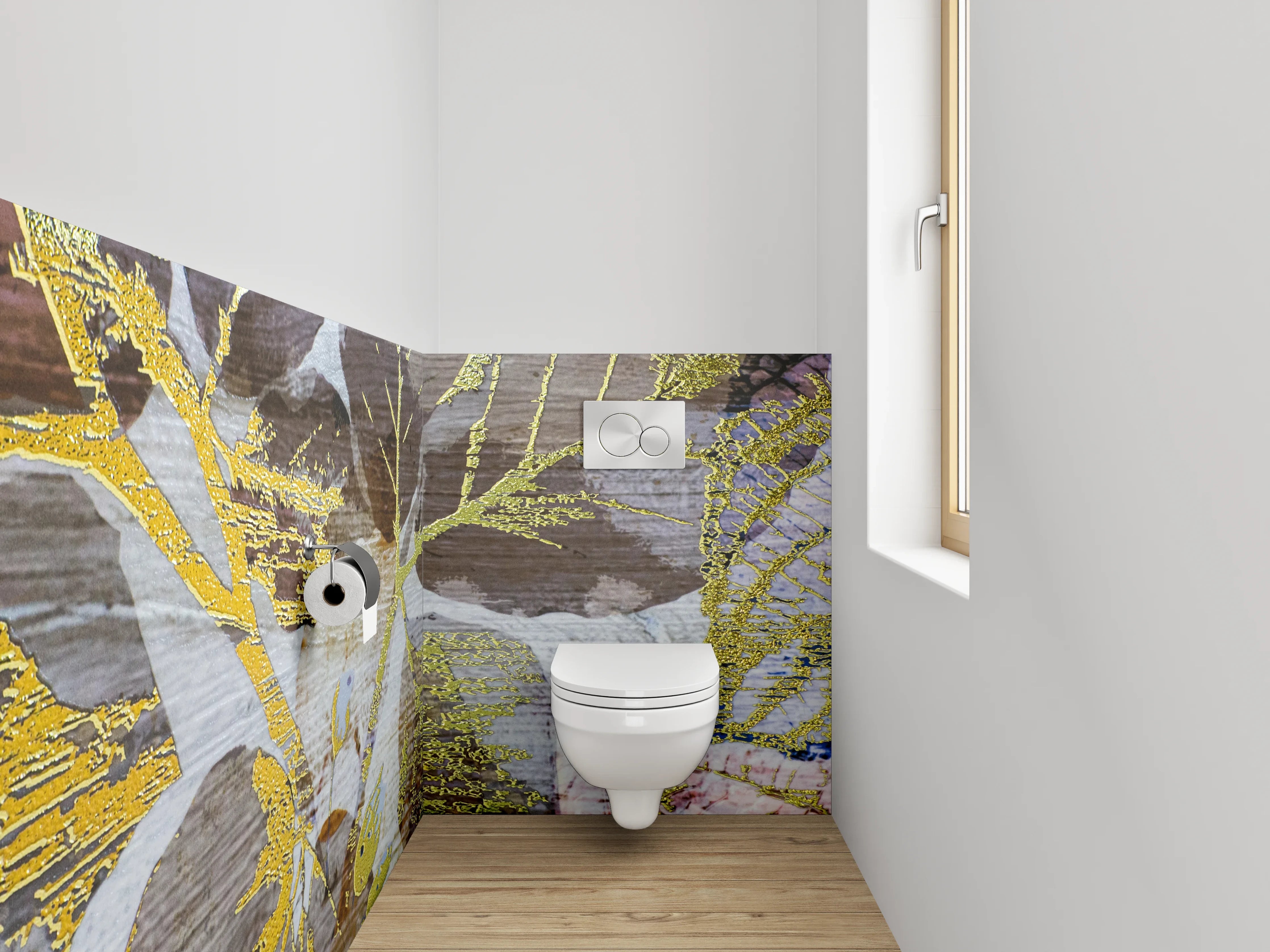 WC-Rückwand - Goldene Blätter auf Vintage Holz