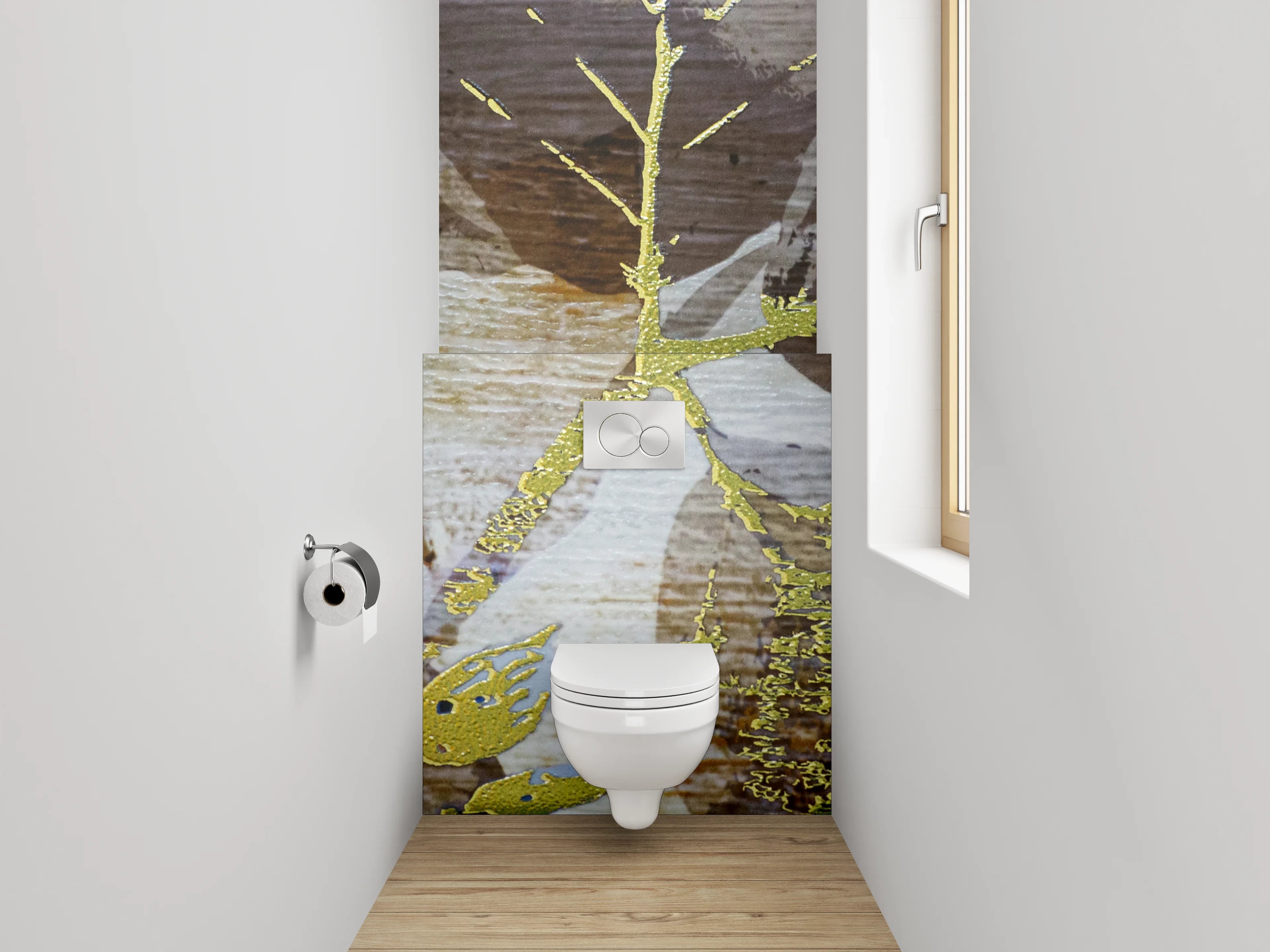 WC-Rückwand - Goldene Blätter auf Vintage Holz