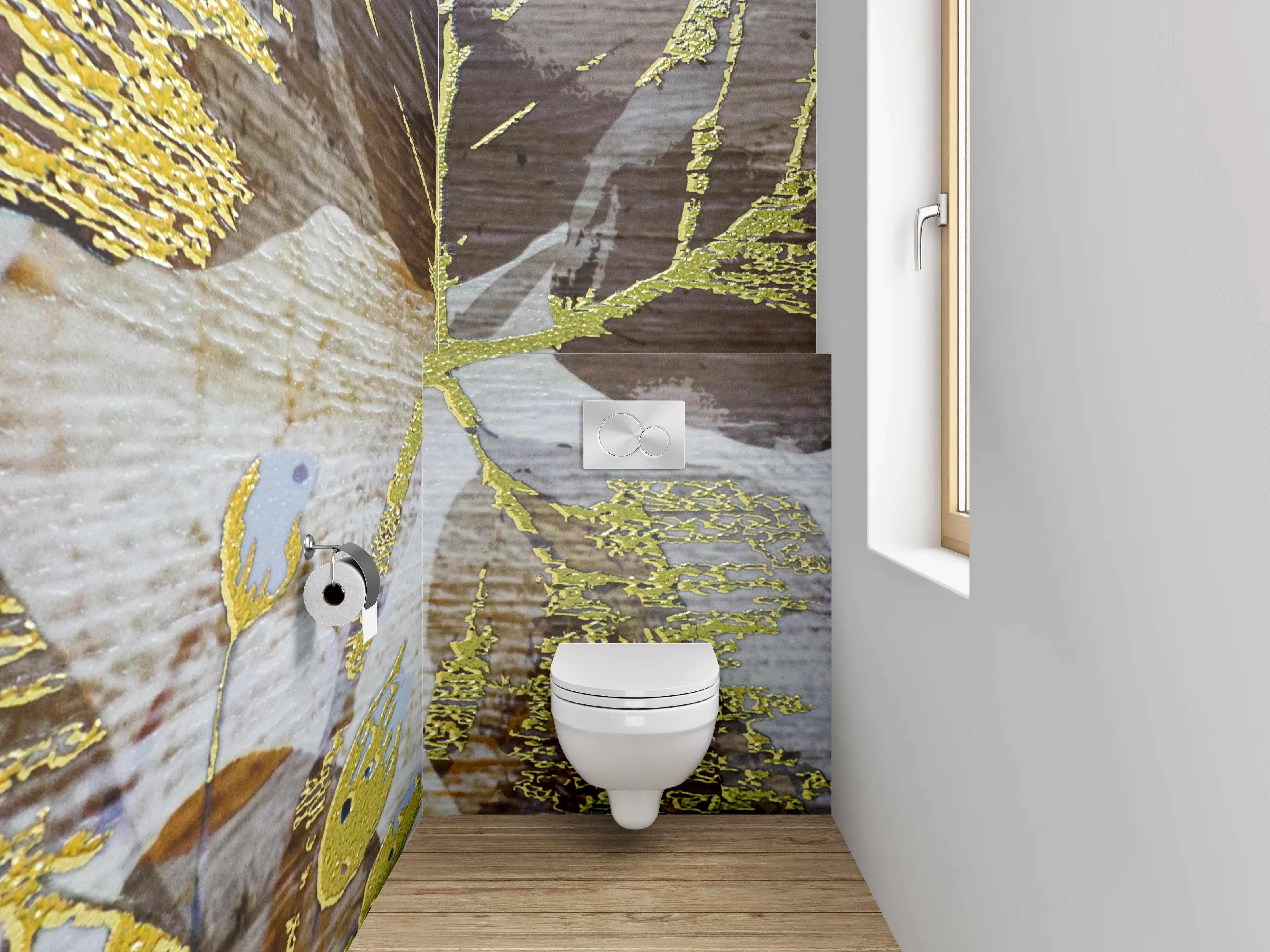 WC-Rückwand - Goldene Blätter auf Vintage Holz