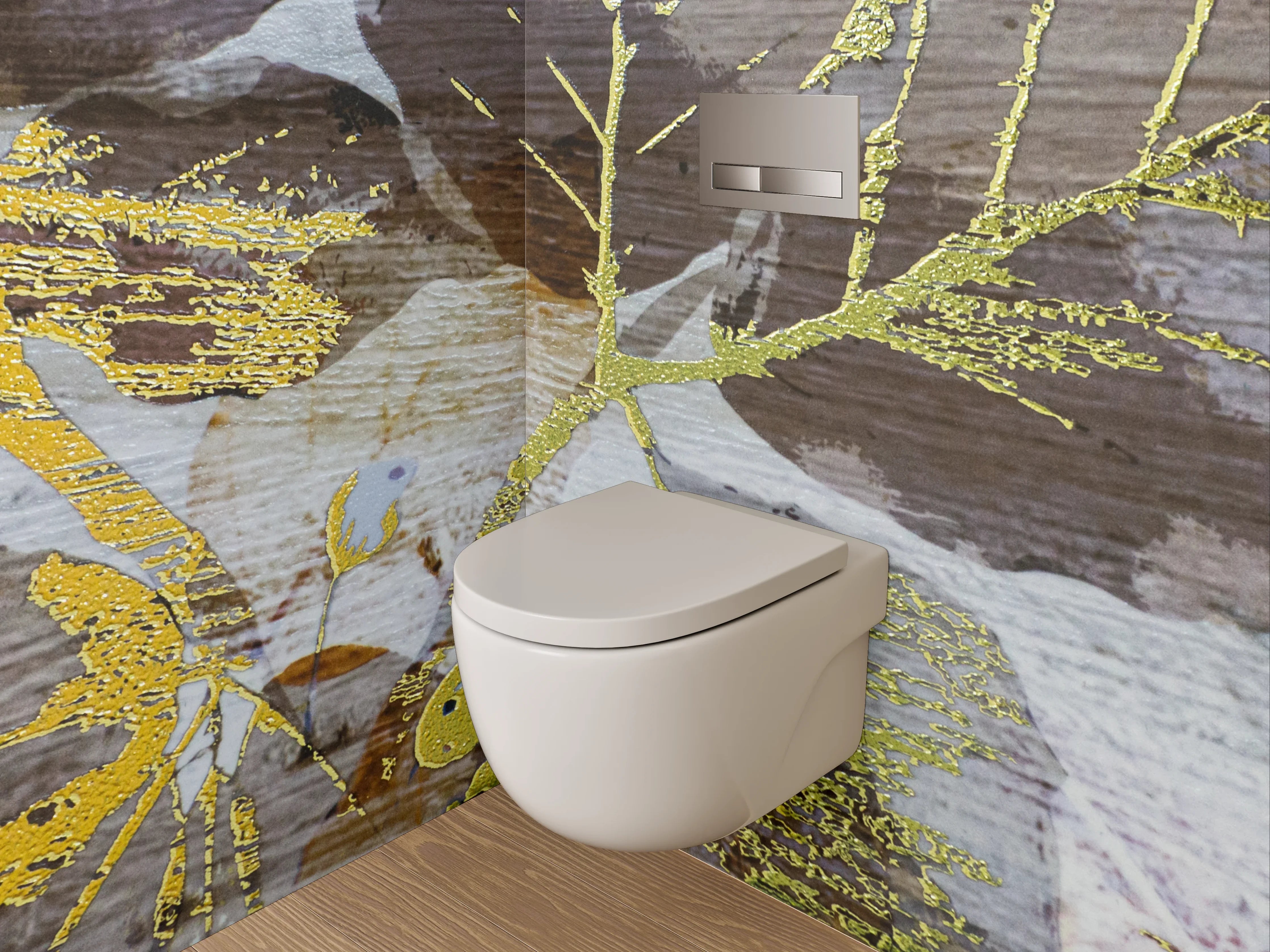 WC-Rückwand - Goldene Blätter auf Vintage Holz