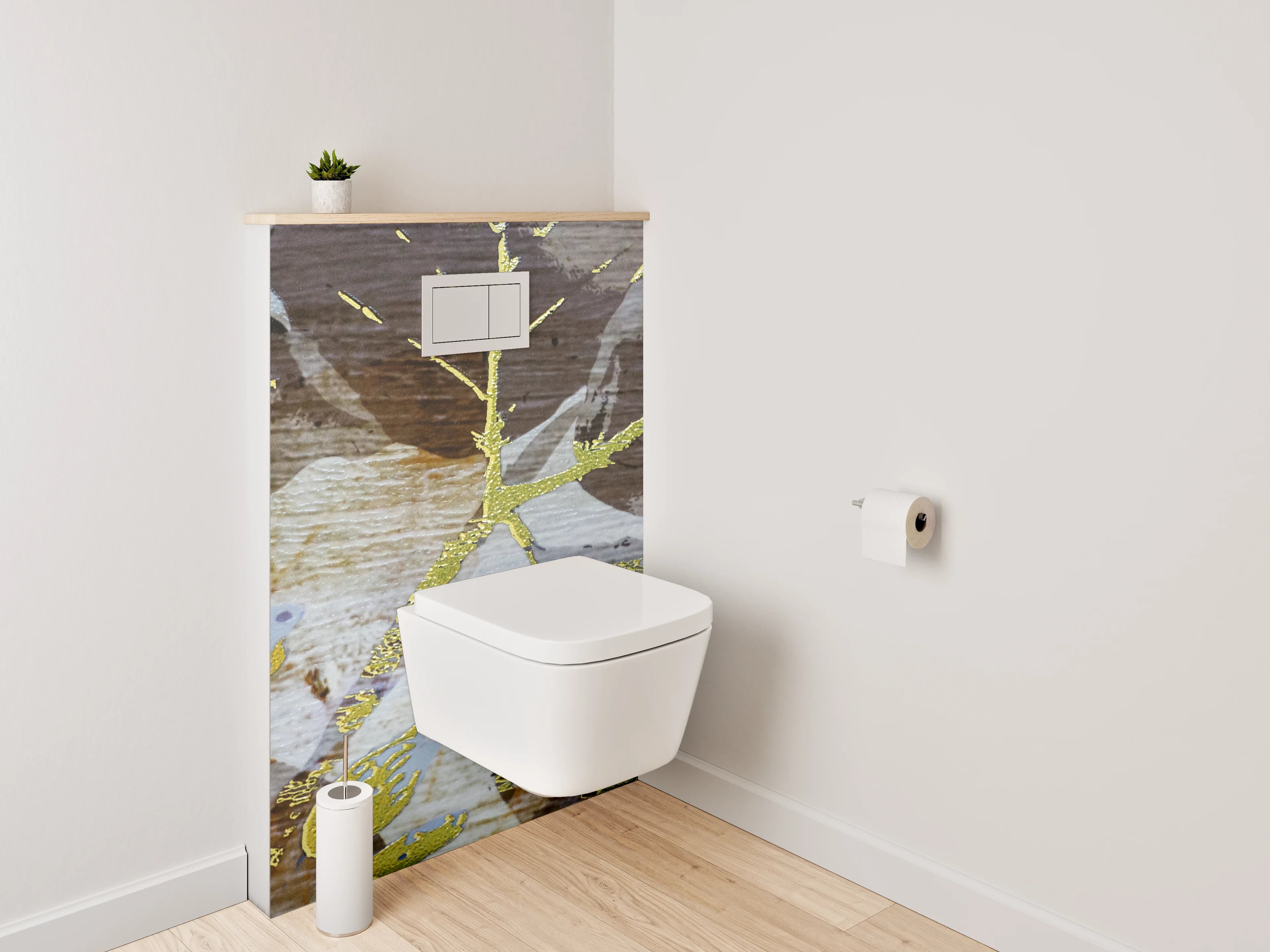 WC-Rückwand - Goldene Blätter auf Vintage Holz