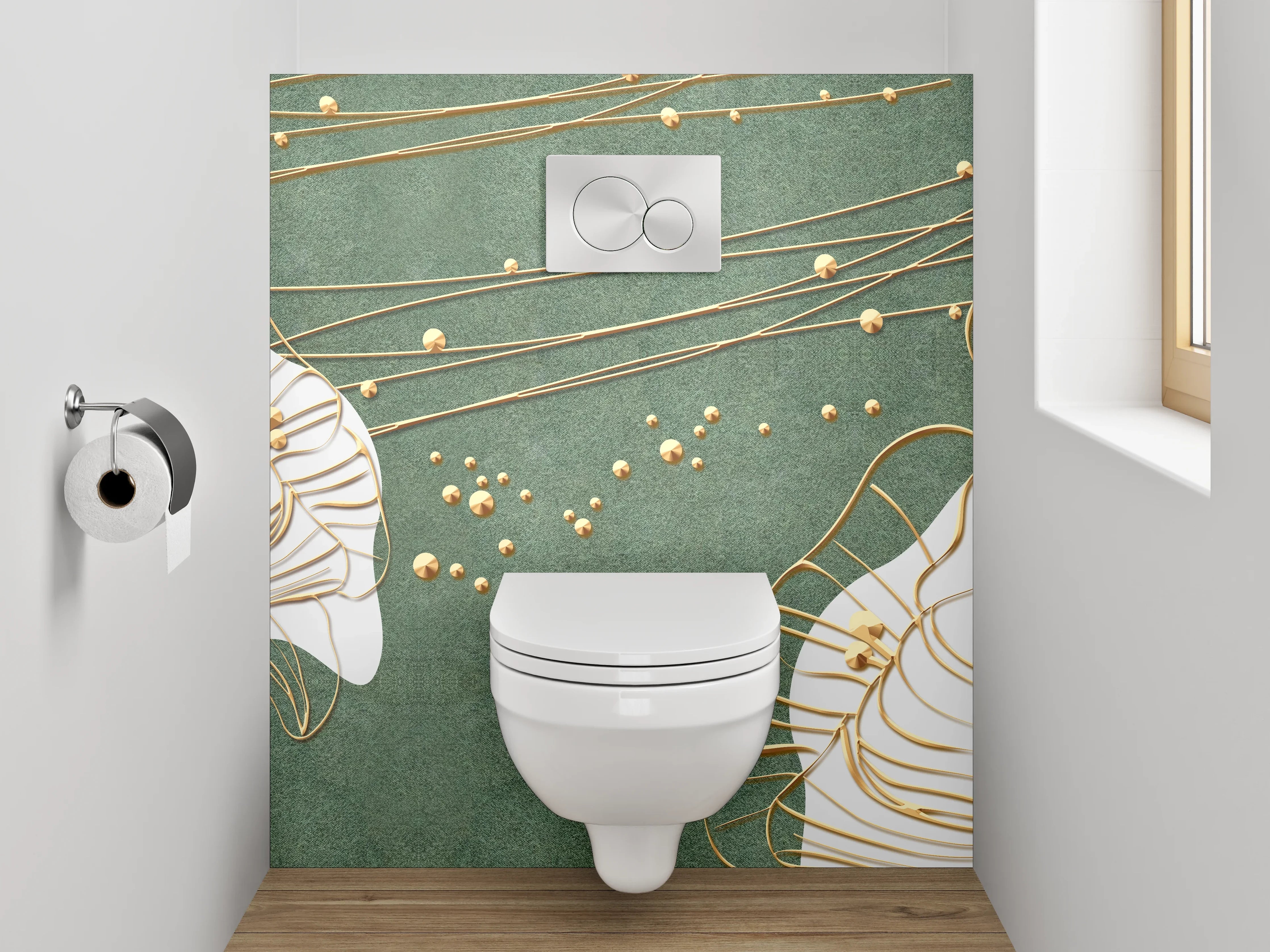 WC-Rückwand - Goldene Blüten auf grünem Hintergrund