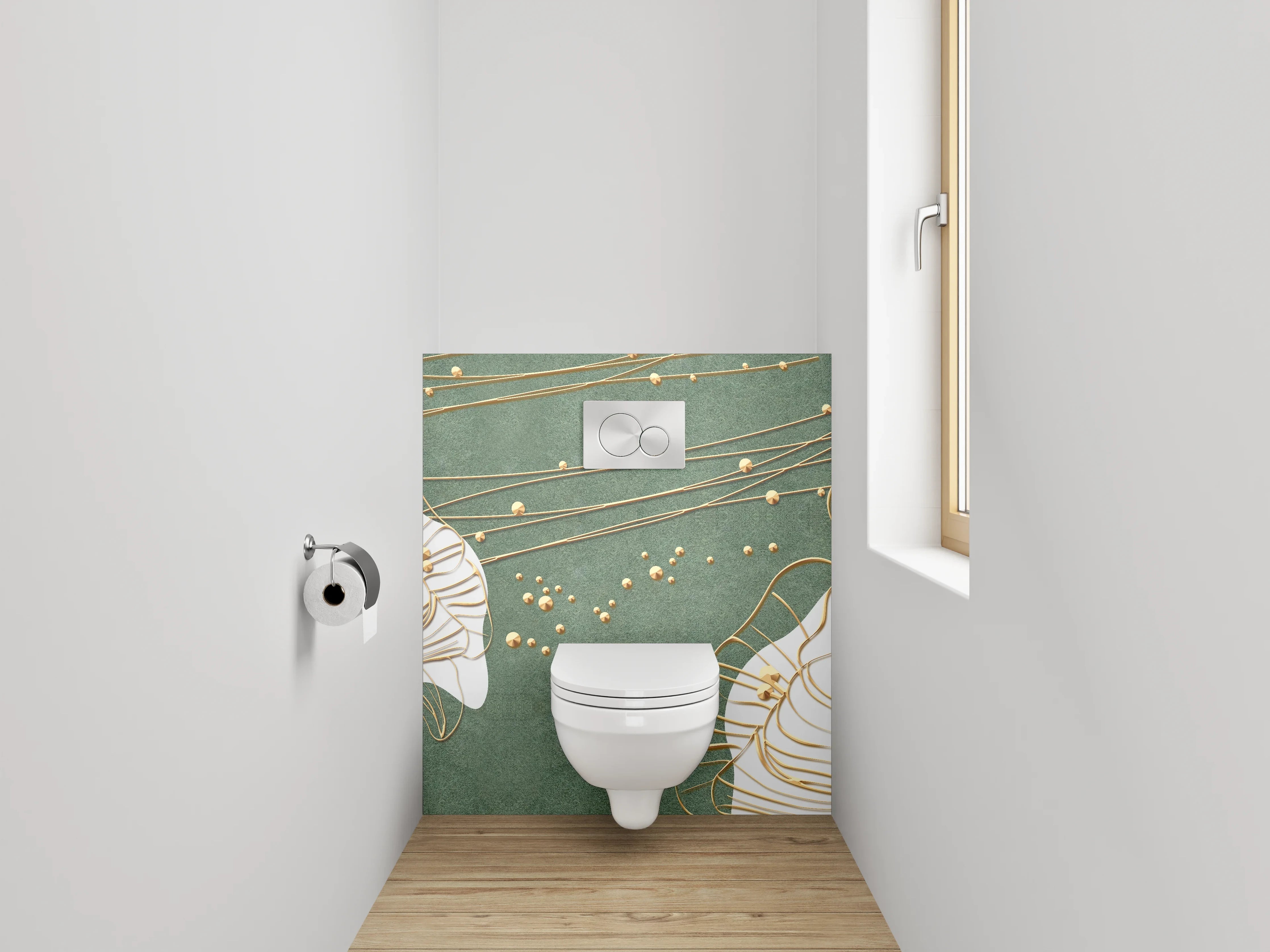 WC-Rückwand - Goldene Blüten auf grünem Hintergrund