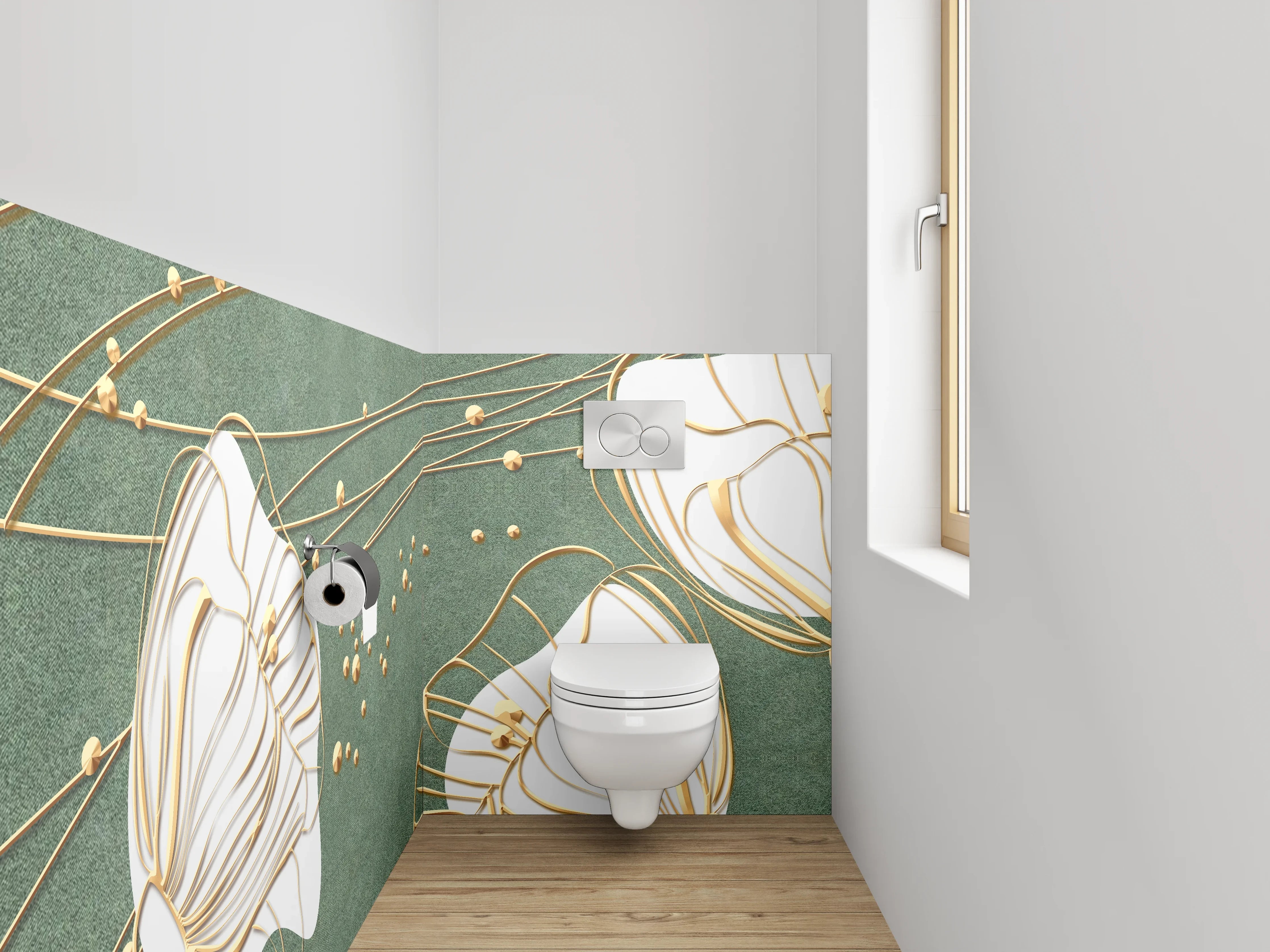 WC-Rückwand - Goldene Blüten auf grünem Hintergrund