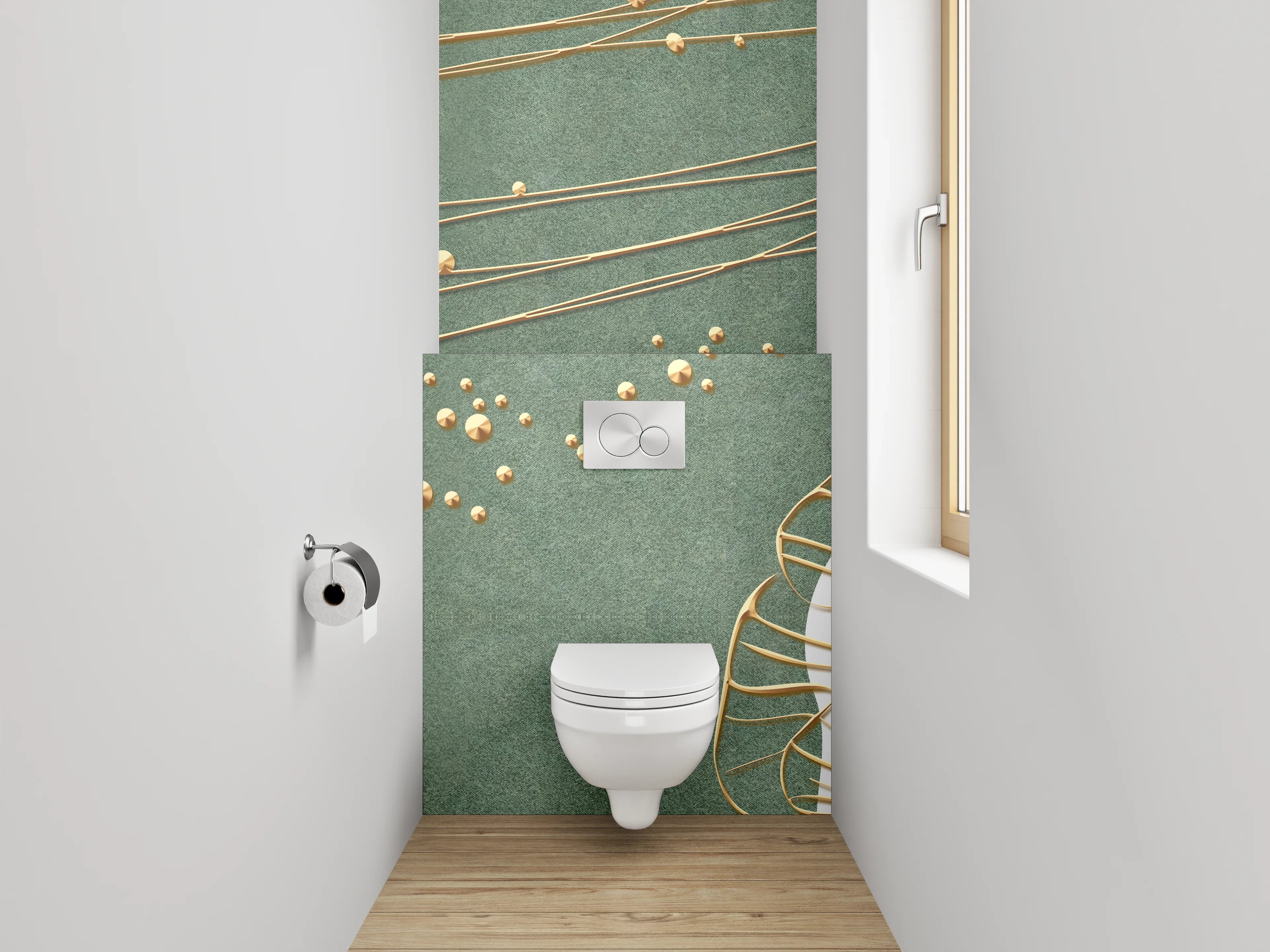 WC-Rückwand - Goldene Blüten auf grünem Hintergrund