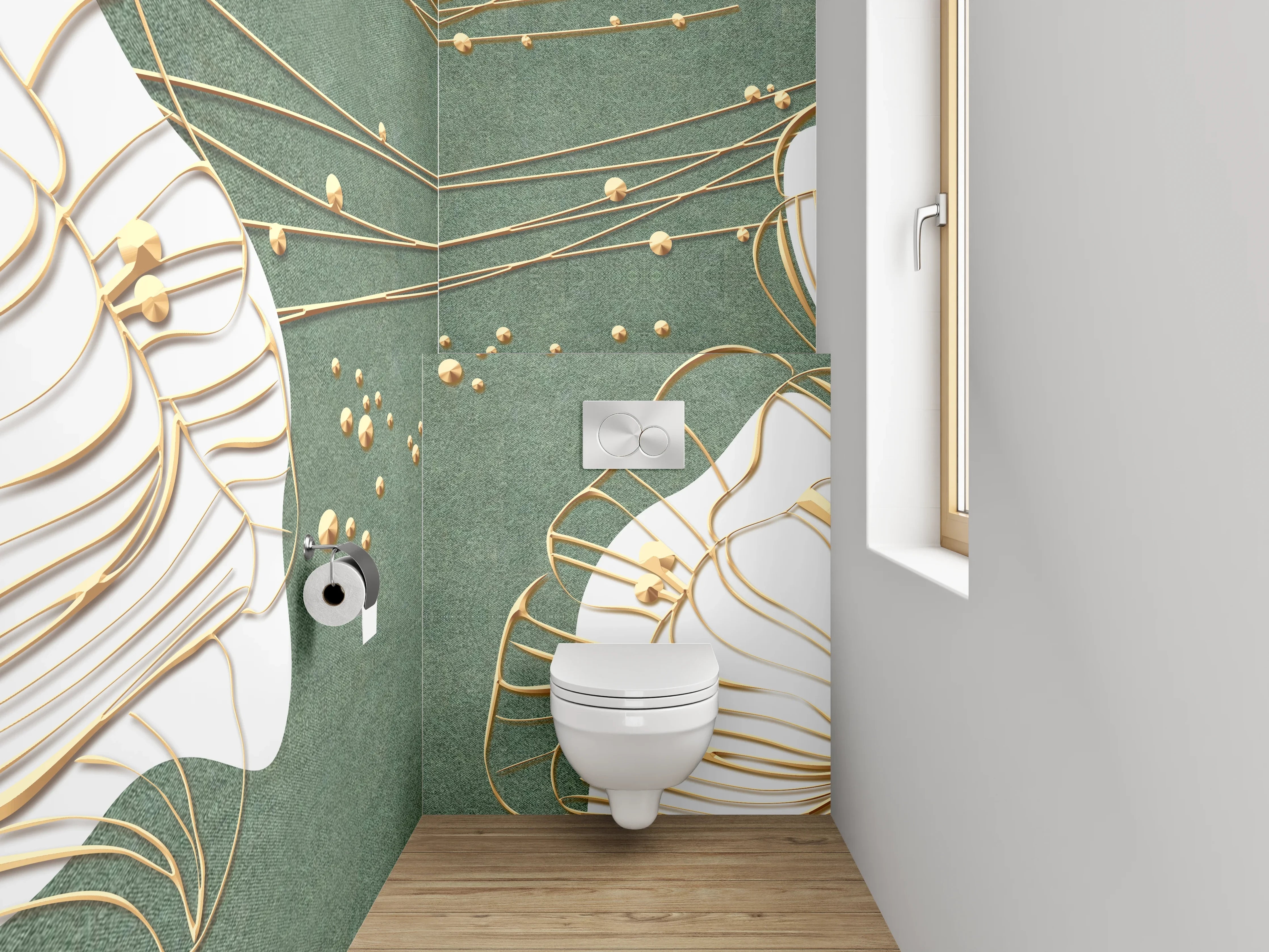 WC-Rückwand - Goldene Blüten auf grünem Hintergrund
