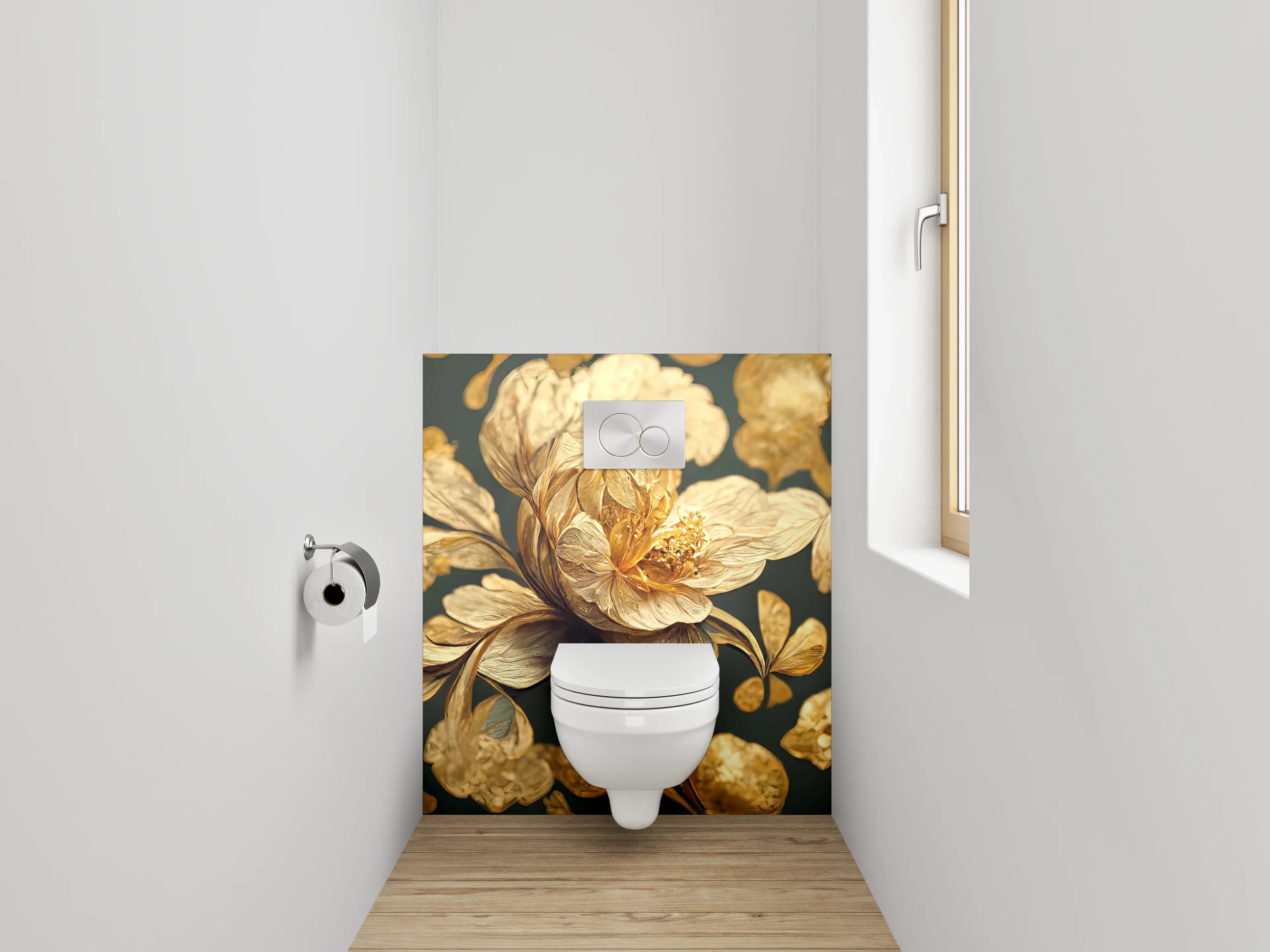 WC-Rückwand - Goldene Blütenkunst auf dunklem Grund