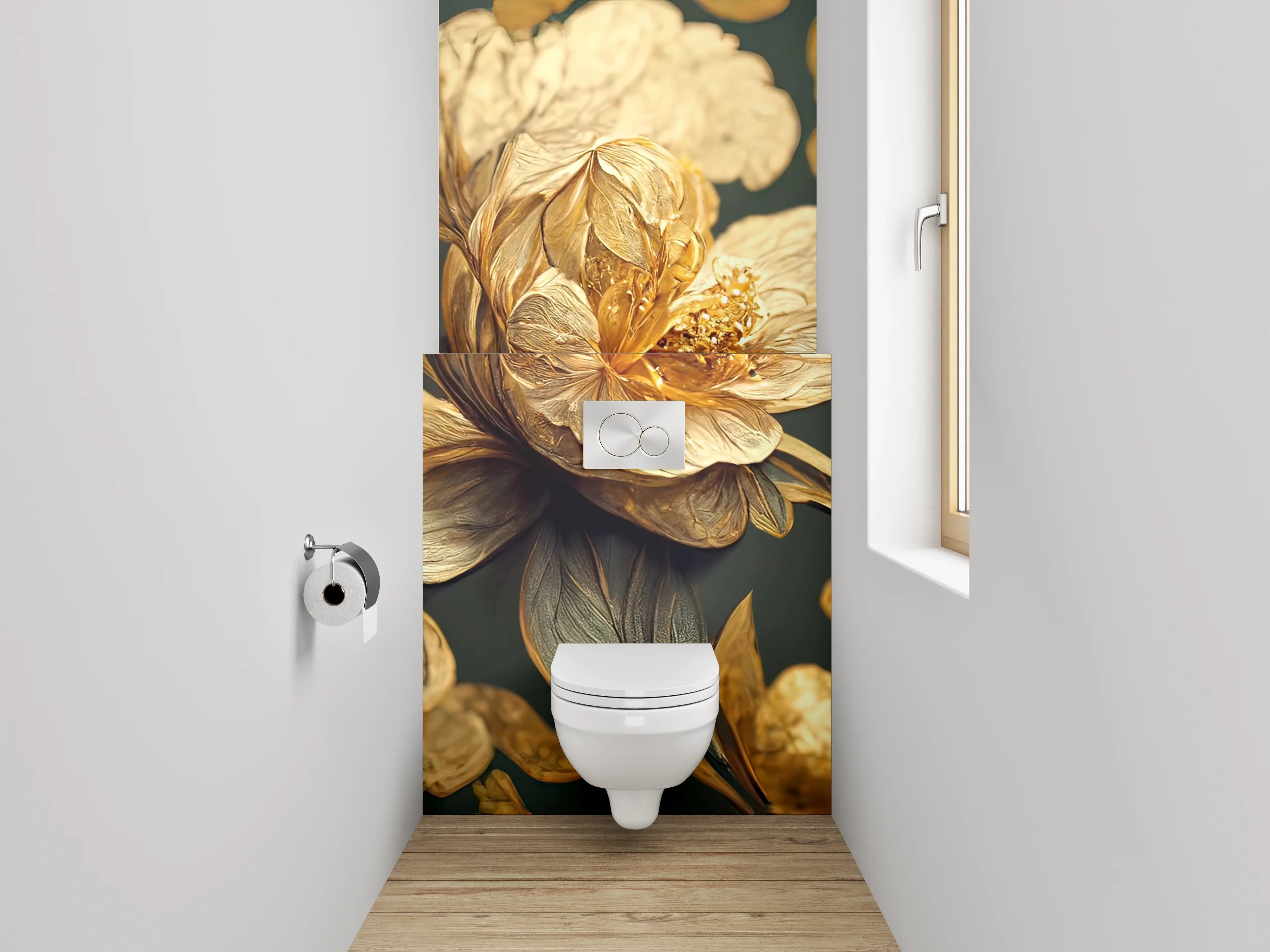 WC-Rückwand - Goldene Blütenkunst auf dunklem Grund
