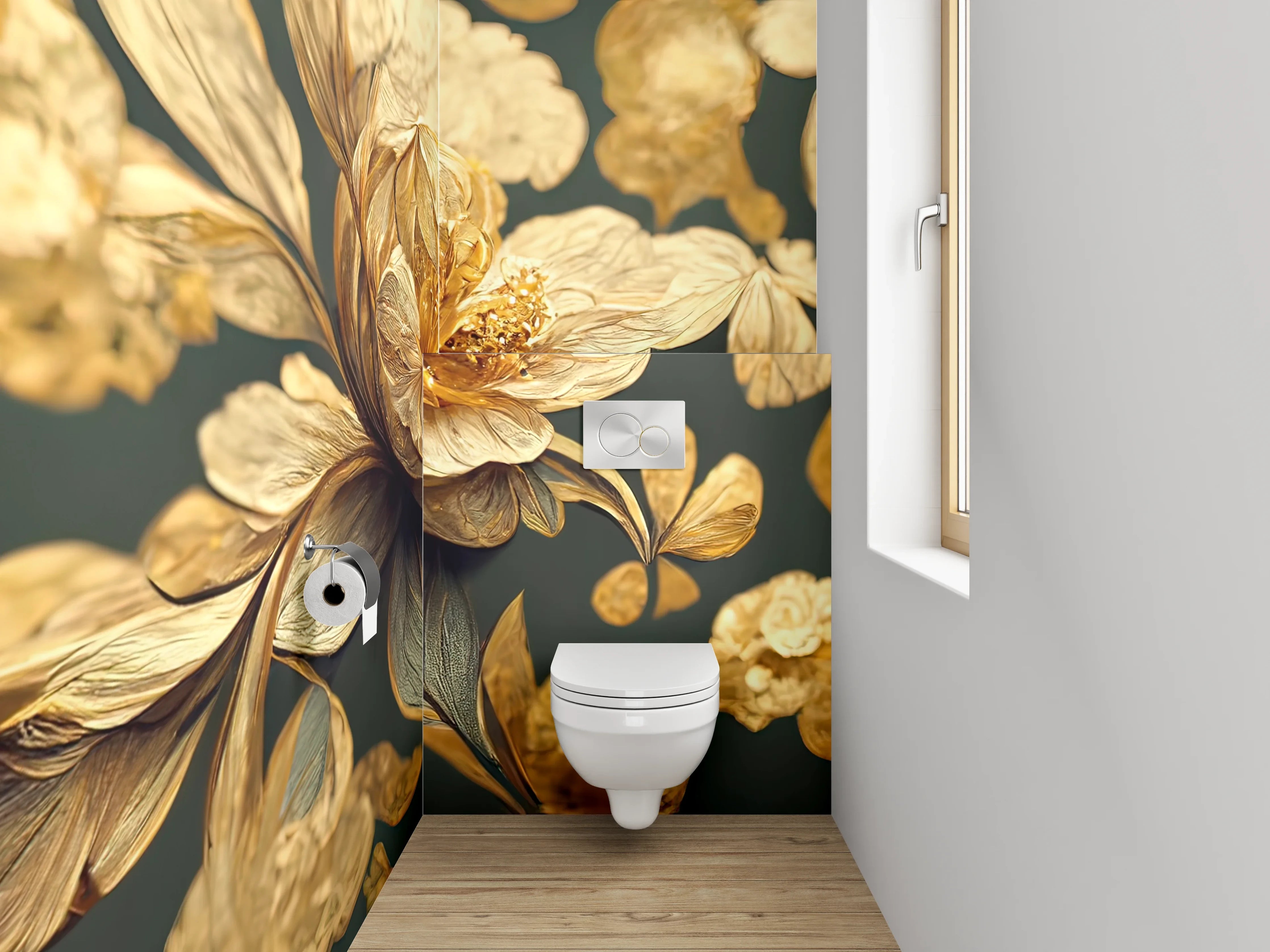 WC-Rückwand - Goldene Blütenkunst auf dunklem Grund