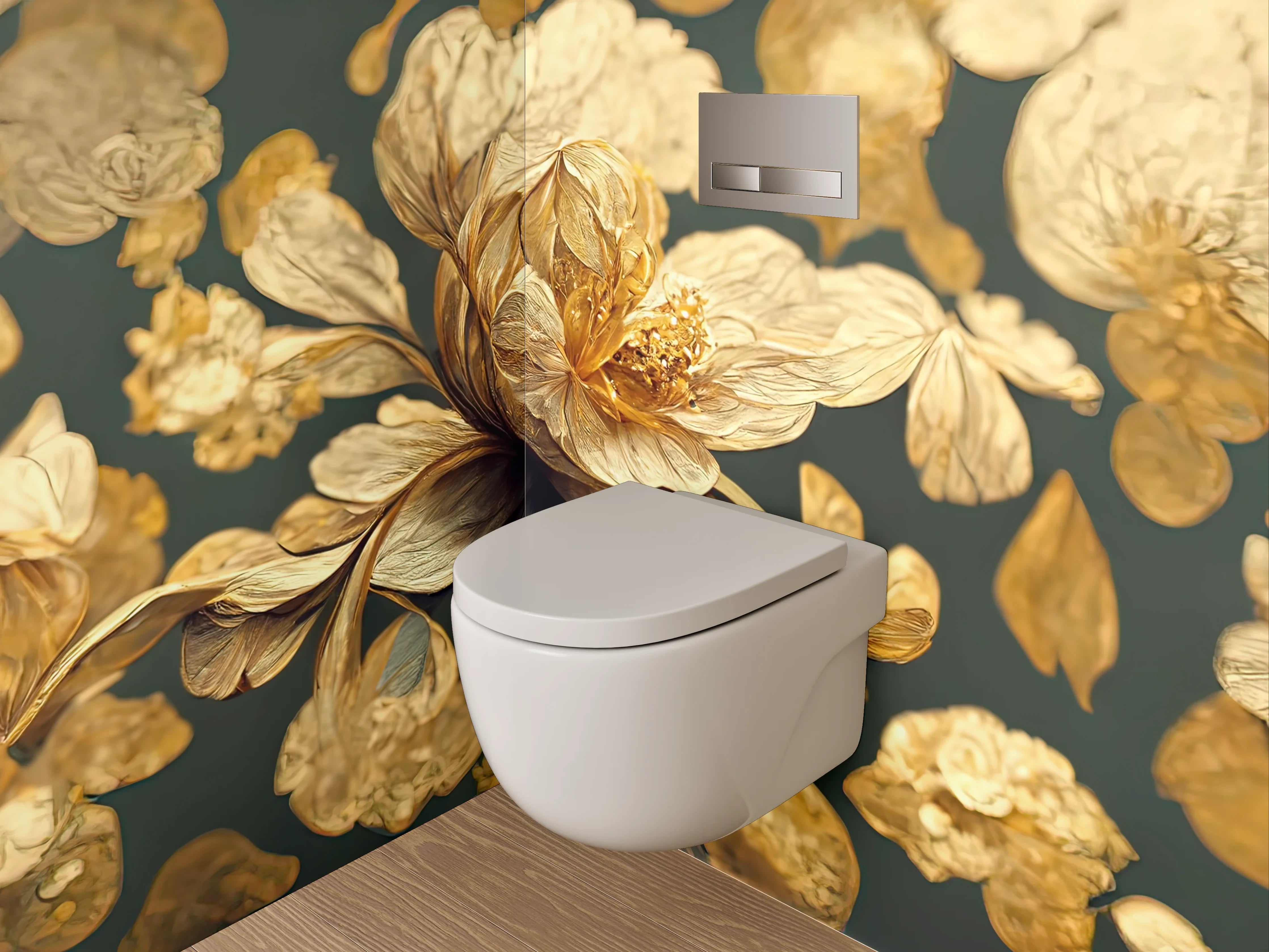 WC-Rückwand - Goldene Blütenkunst auf dunklem Grund
