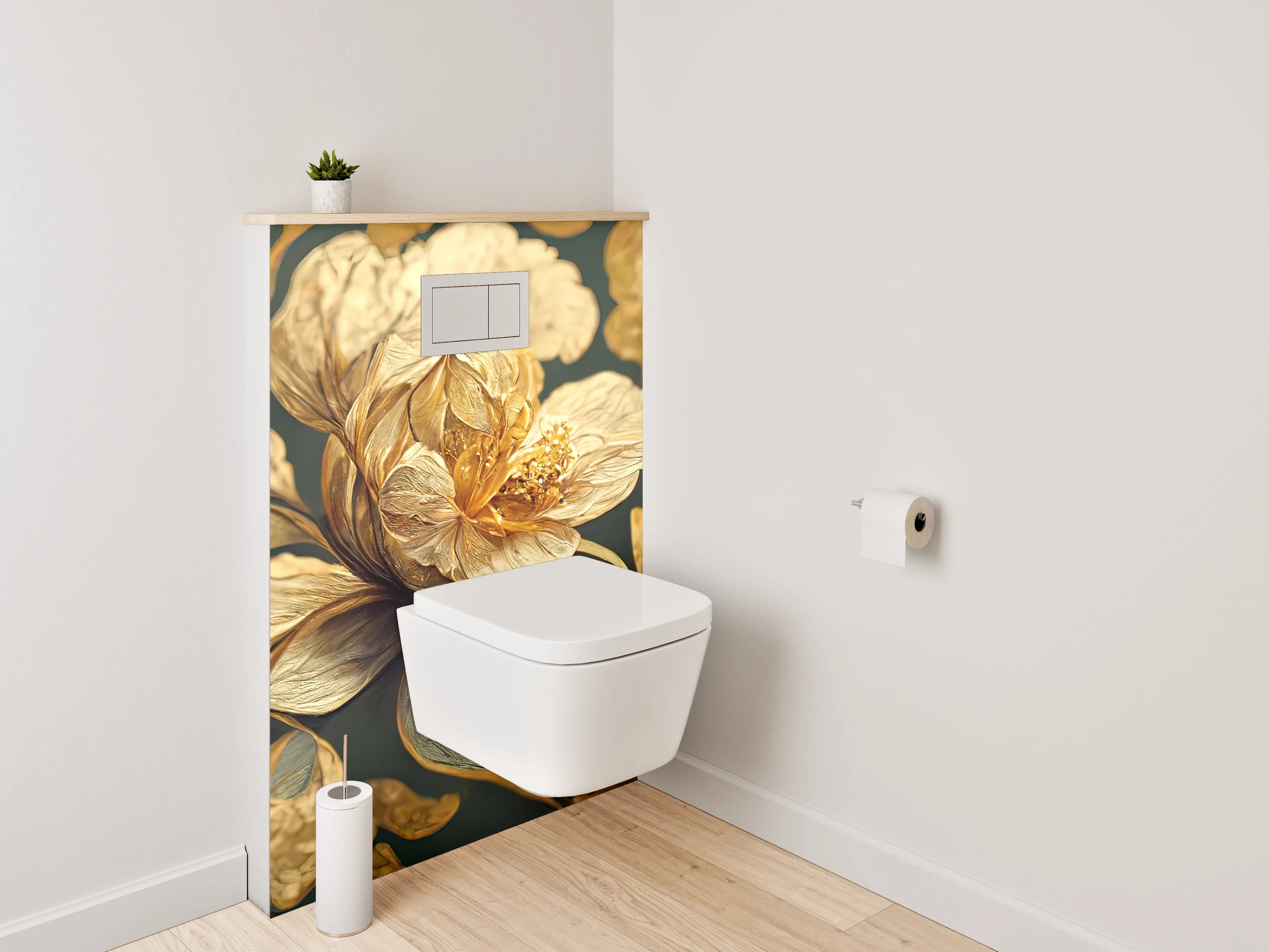 WC-Rückwand - Goldene Blütenkunst auf dunklem Grund