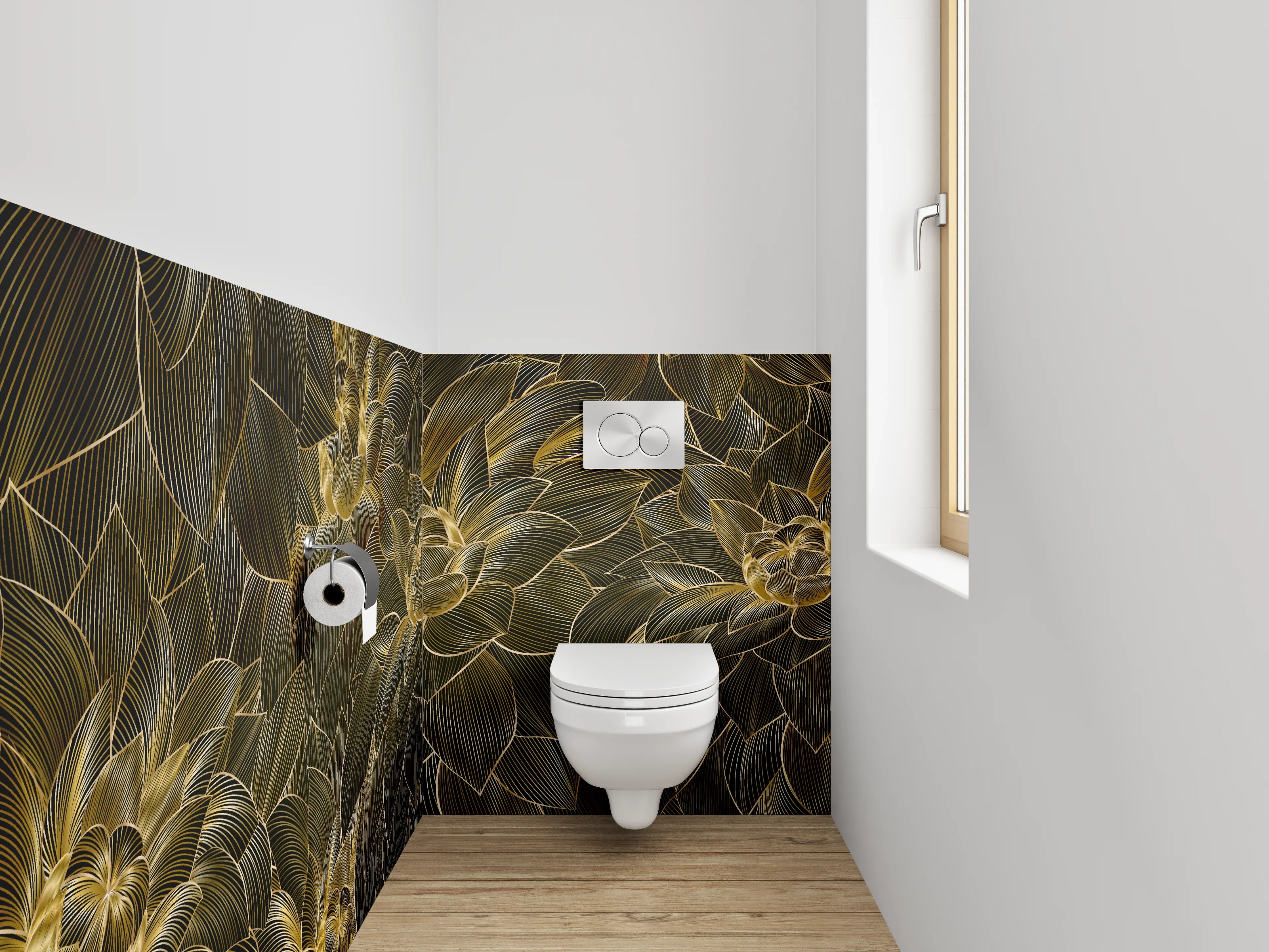 WC-Rückwand - Goldene Blumen Lineart Muster