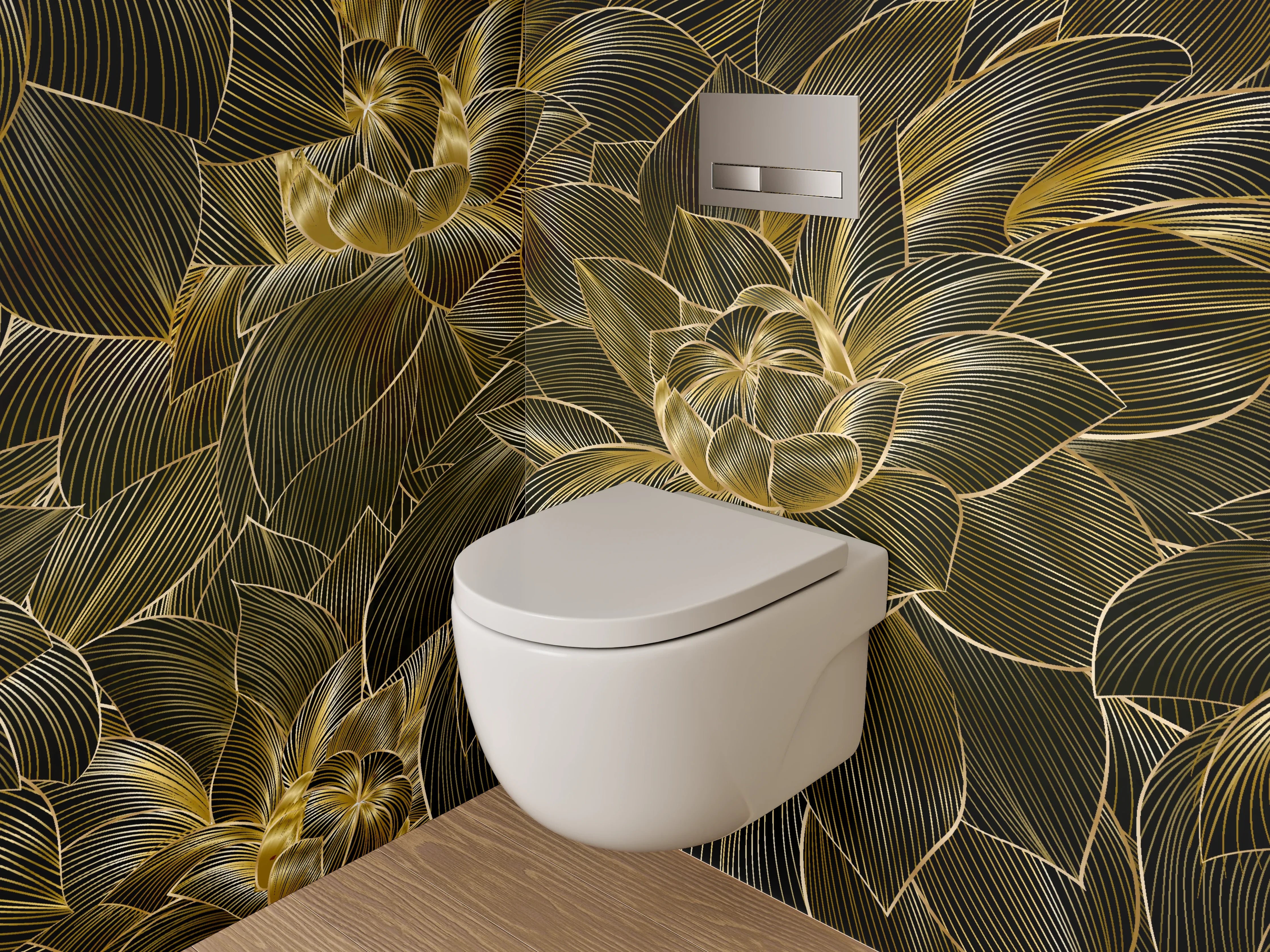 WC-Rückwand - Goldene Blumen Lineart Muster