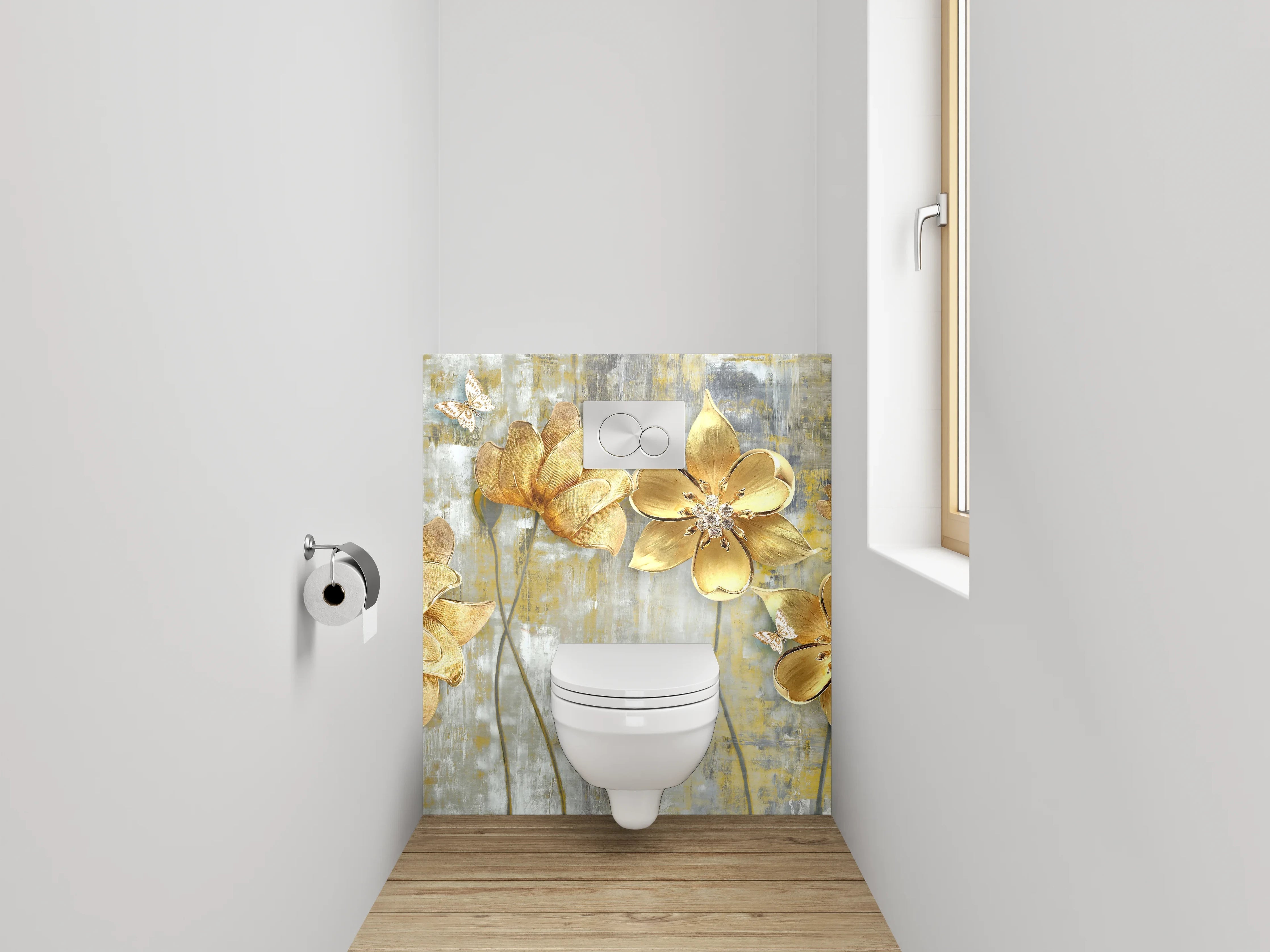 WC-Rückwand - Goldene Blumen auf abstraktem Grund