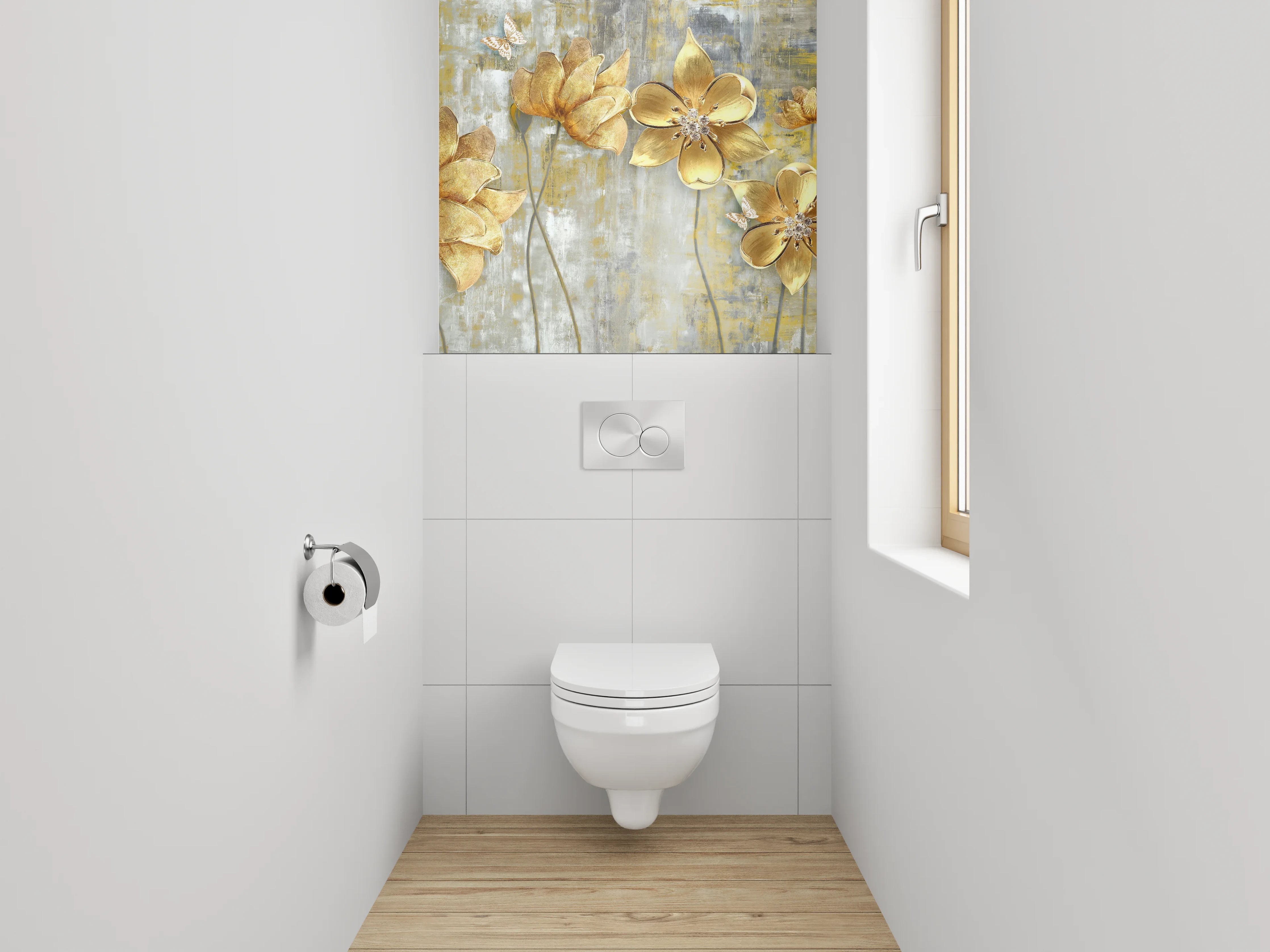 WC-Rückwand - Goldene Blumen auf abstraktem Grund