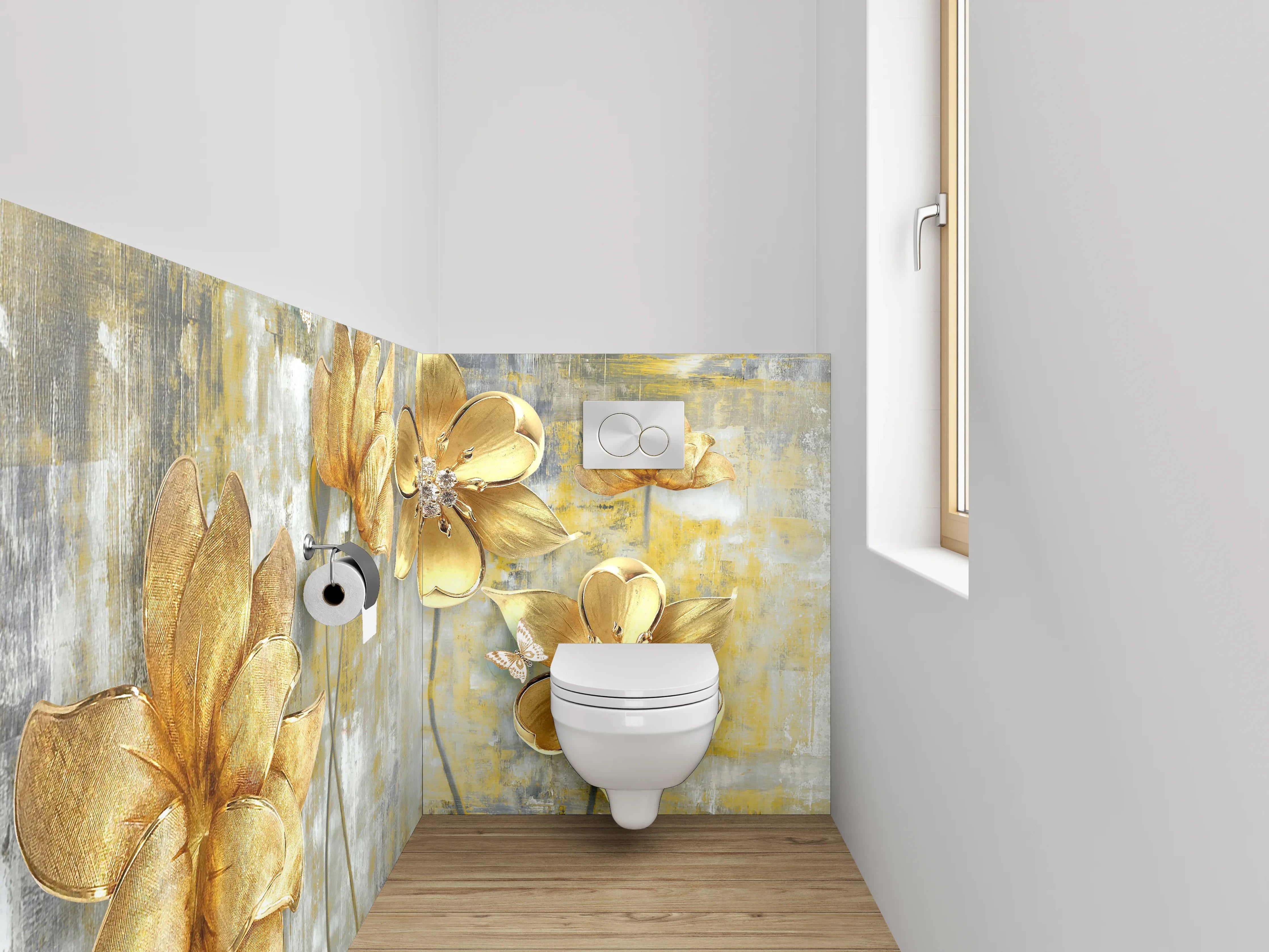 WC-Rückwand - Goldene Blumen auf abstraktem Grund