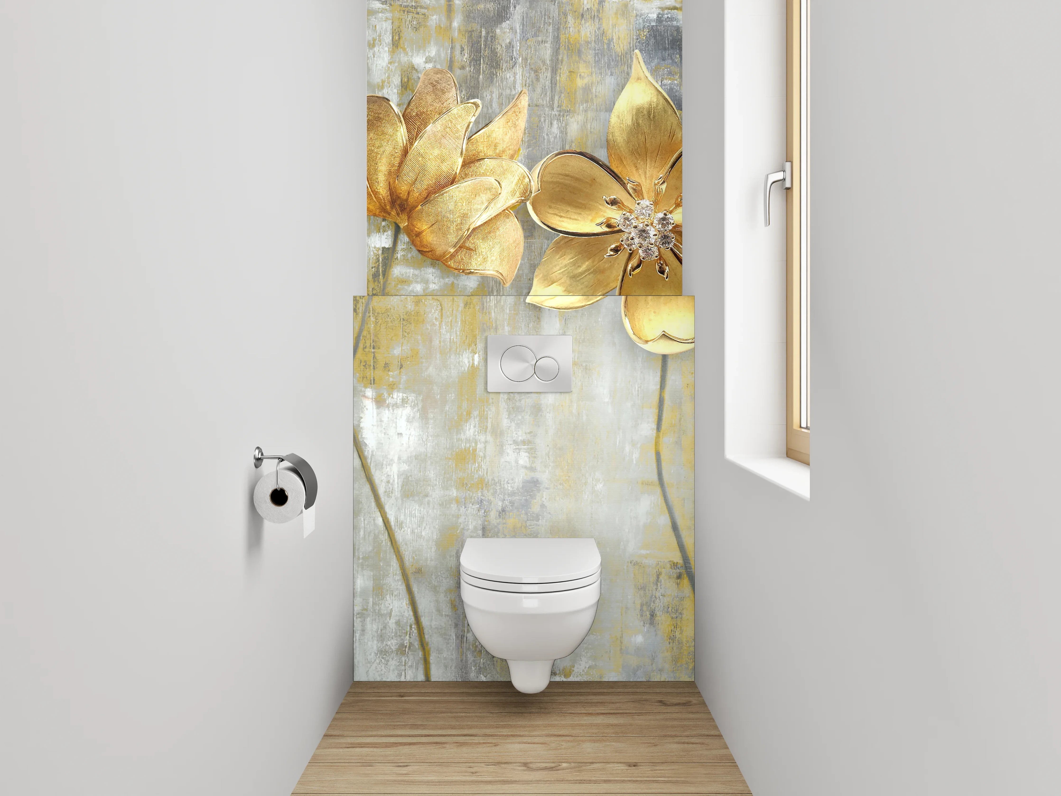 WC-Rückwand - Goldene Blumen auf abstraktem Grund